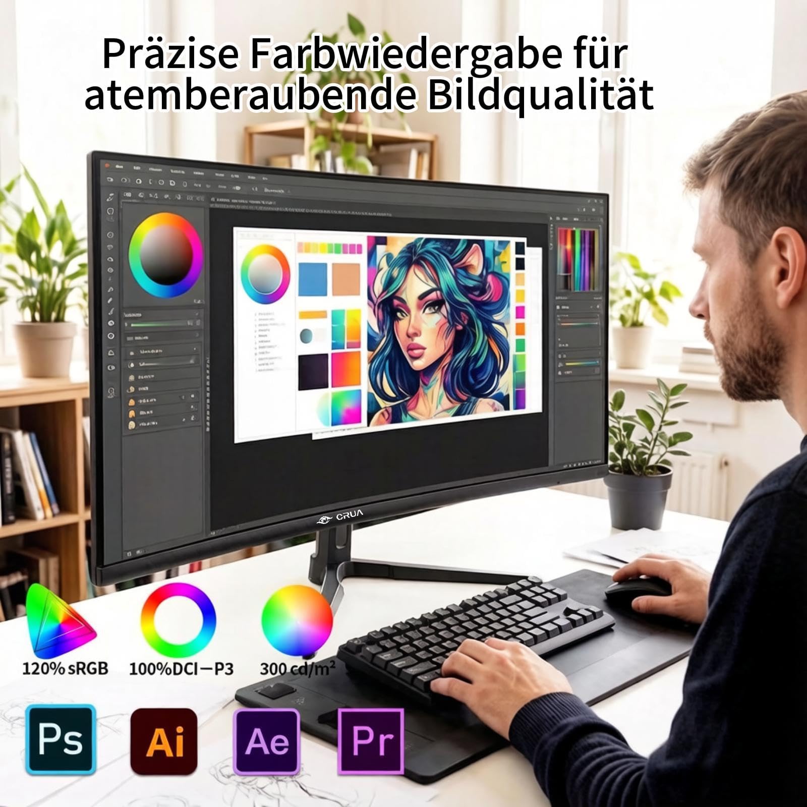 CRUA 27 Zoll 4K UHD Monitor, IPS Panel mit 120% Farbraum