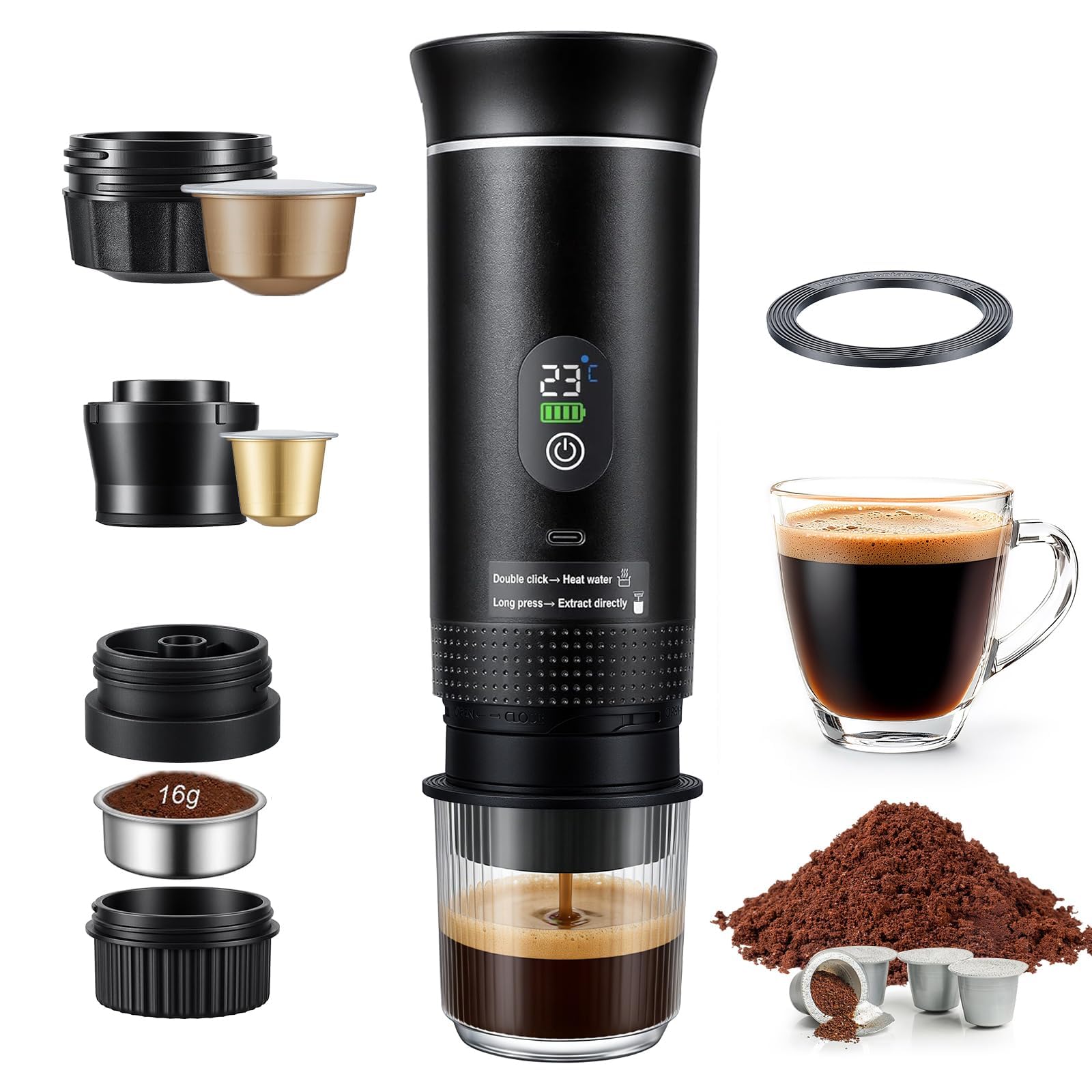 Cafetera Portatil Capsulas, Cafetera Portátil 20 Bar, 3 en 1 Cafetera Multicapsula y Molido, Maquina de Cafe, Cafetera Capsulas Portatil, Batería Recargable USB, Ideal Viajes, Camping, Oficina