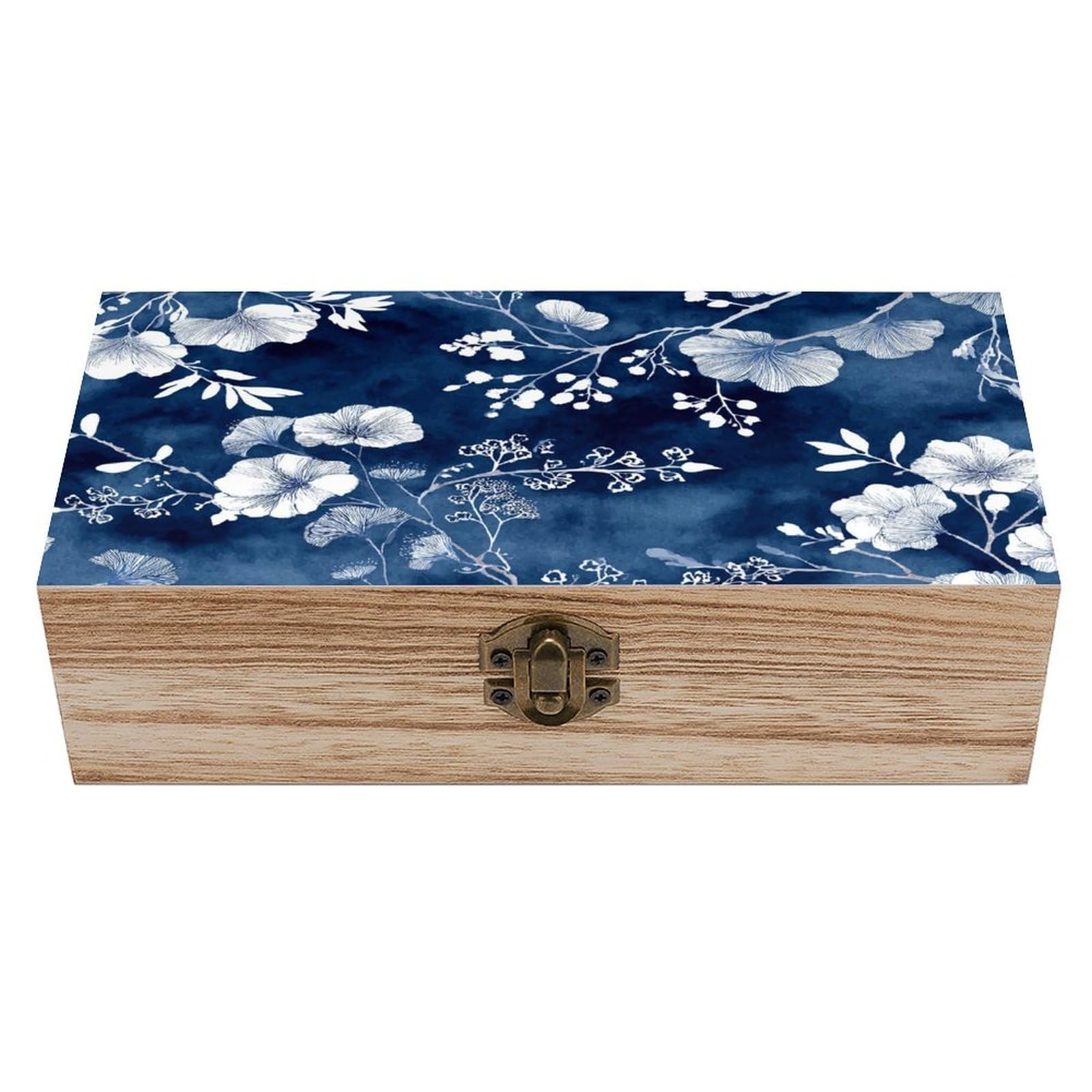 Ahdyr As Pic White Flowers And Leaves Japanese Wooden Storage Box With Hinged Lid And Front Clasp Large Keepsake Box