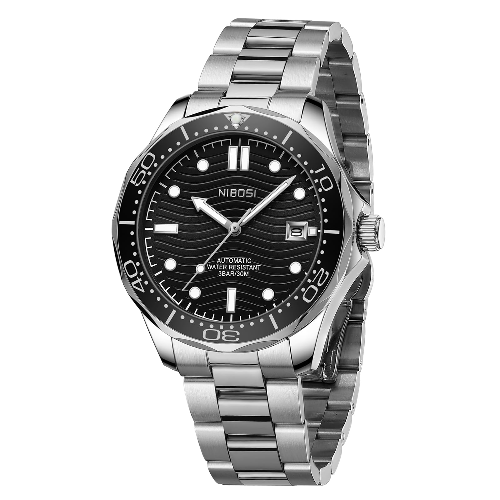 NIBOSI Automatic Men Watches Business Black Dial Stainless Steel Mechanical Watches For Men Waterproof Military Analogue Casual Wrist Watch Calendar, Silver Band (B0CFPV4MG1) Amazon Price History, Amazon Price Tracker