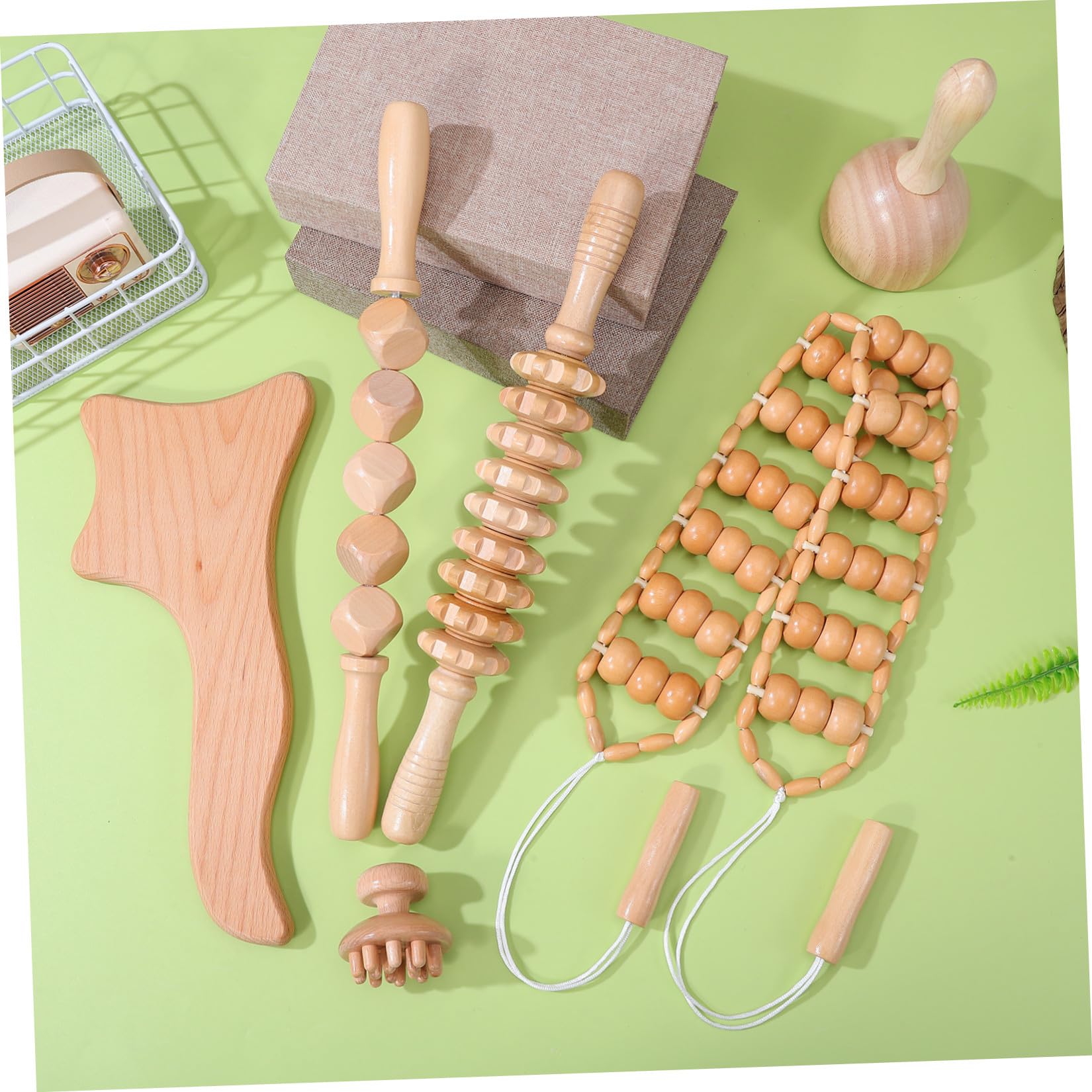 ORFOFE Kit de 6 Herramientas de Masaje de Madera Tabla de Masaje, Palo de Rodillo Grabado y Rodillo Masajeador Anticelulitis para Aliviar la Fatiga