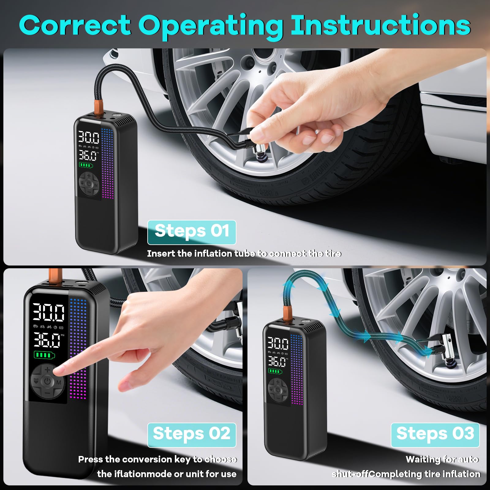 Tire Inflator Portable Air Compressor 150 PSI Cordless Air Pump 12V DC Car Plug Dual Power 10000mAh Fast — view 8