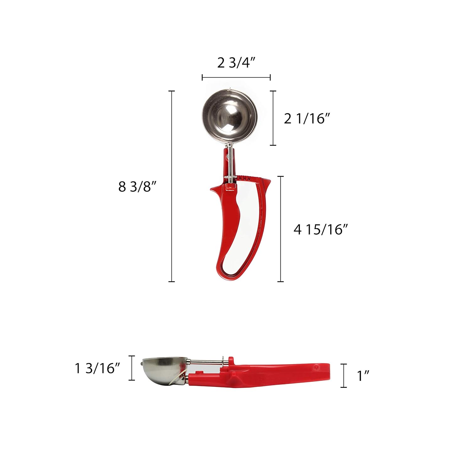 Thunder Group SLDS224G Disher, size-24, 1-1/3 oz., Round Bowl, Blade extends Beyond Bowl, one-Piece Color-Coded EZ Grip Handle, Low Moisture Absorption, 18/8 Stainless Steel