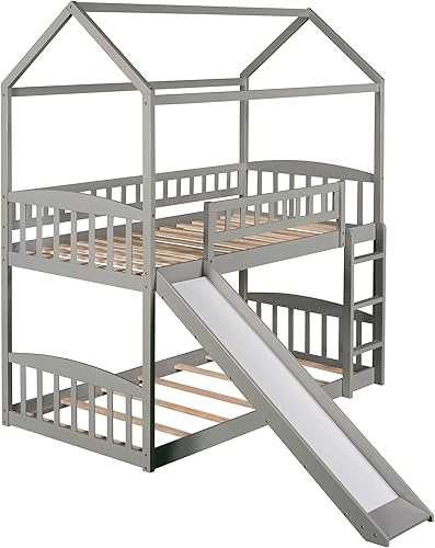 Miniatura 4 de Literas de casa con tobogán marco de litera de piso individual sobre individual con techo litera de madera con almacenamiento para niños pequeños y