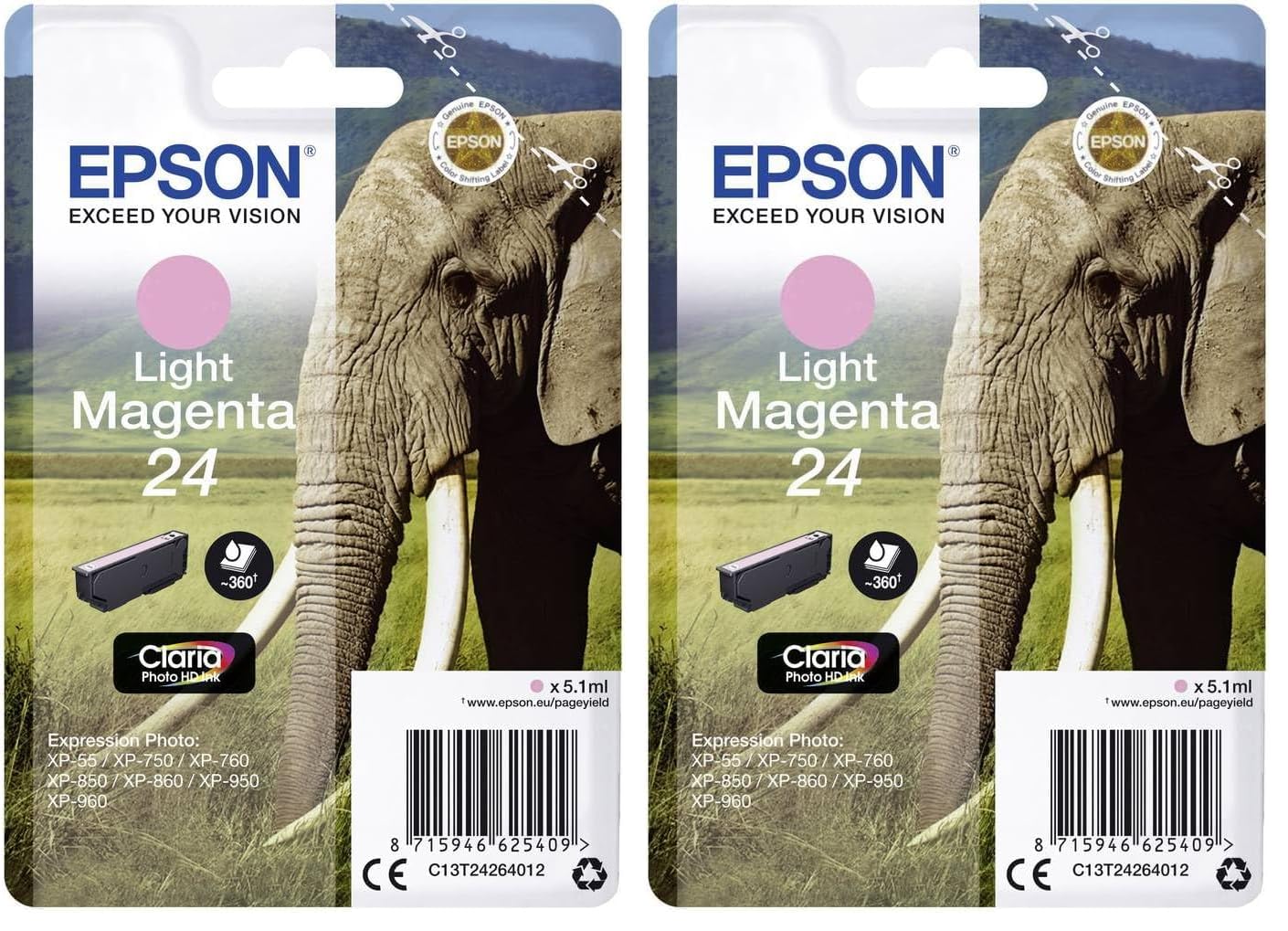 Epson Original 24 Tinte Elefant (XP-750, XP-850, XP-950, XP-55, XP-760, XP-860, XP-960, XP-970), hell Magenta (Packung mit 2)