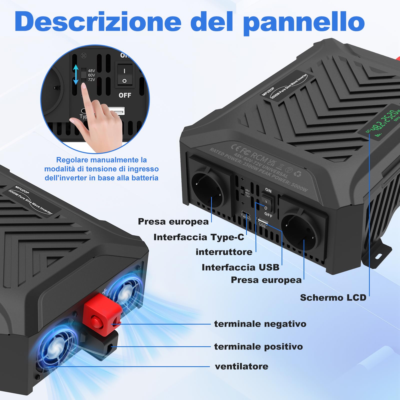 MFUZOP Power Inverter 48V/60V/72V a 230V Onda Pura 2500W/5000W, Convertitore di Tensione con Sistema di Rilevamento Intelligente, Ingresso Regolabile, Display LCD, 2 AC, 1 Type-C, 1 USB 5V 2.1A