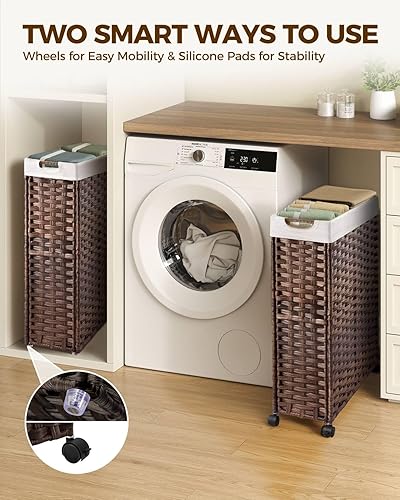 Miniatura 2 de Greenstell Cesta de lavandería con ruedas, cesta de lavandería delgada de 50 litros con 2 bolsas extraíbles y 2 bolsas de malla, cesta de ropa sucia