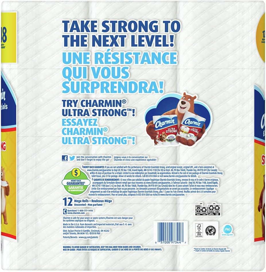 Charmin Essentials Strong Toilet Paper 12 Mega Rolls