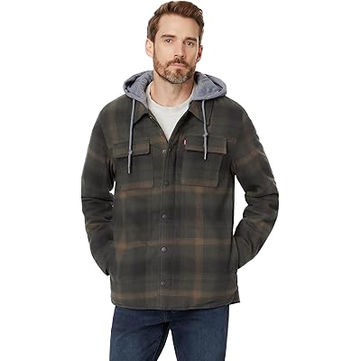 Levis Washed Cotton Shirt Jacket with A Jersey Hood and Sherpa Lining green ombre plaid