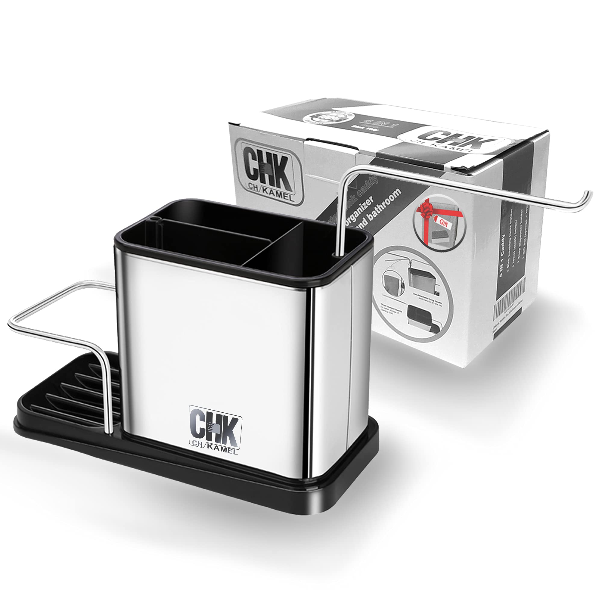 CHKamel, Stainless Steel sink caddy organizer, dish wash towel cloth holder, sponge holder, brushes rank, soap dispenser liquid holder, shower caddy soap dish sink organizer for Bathroom or Kitchen.