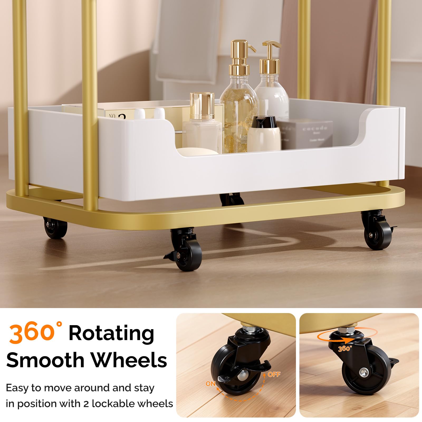 Bonnlo Friseurwagen Salon Trolley Rollwagen mit 4 Rollen 360° 3 Ablagen Schubladen MDF 46x31.5x81.5 cm Weiß-Gold