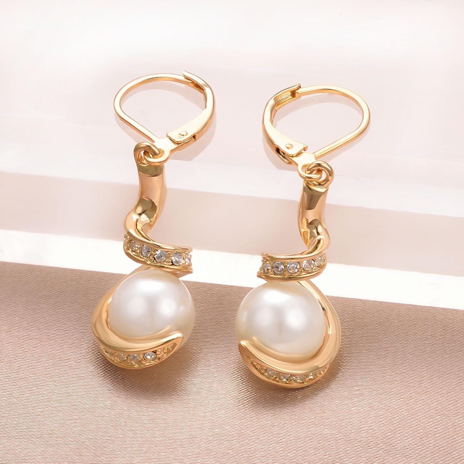Dainty Pearl Leverback Dangle Earrings for Women 18K Gold Plated Rhinestone Hoop Drop Earrings Women Dangling Jewelry - Image 4