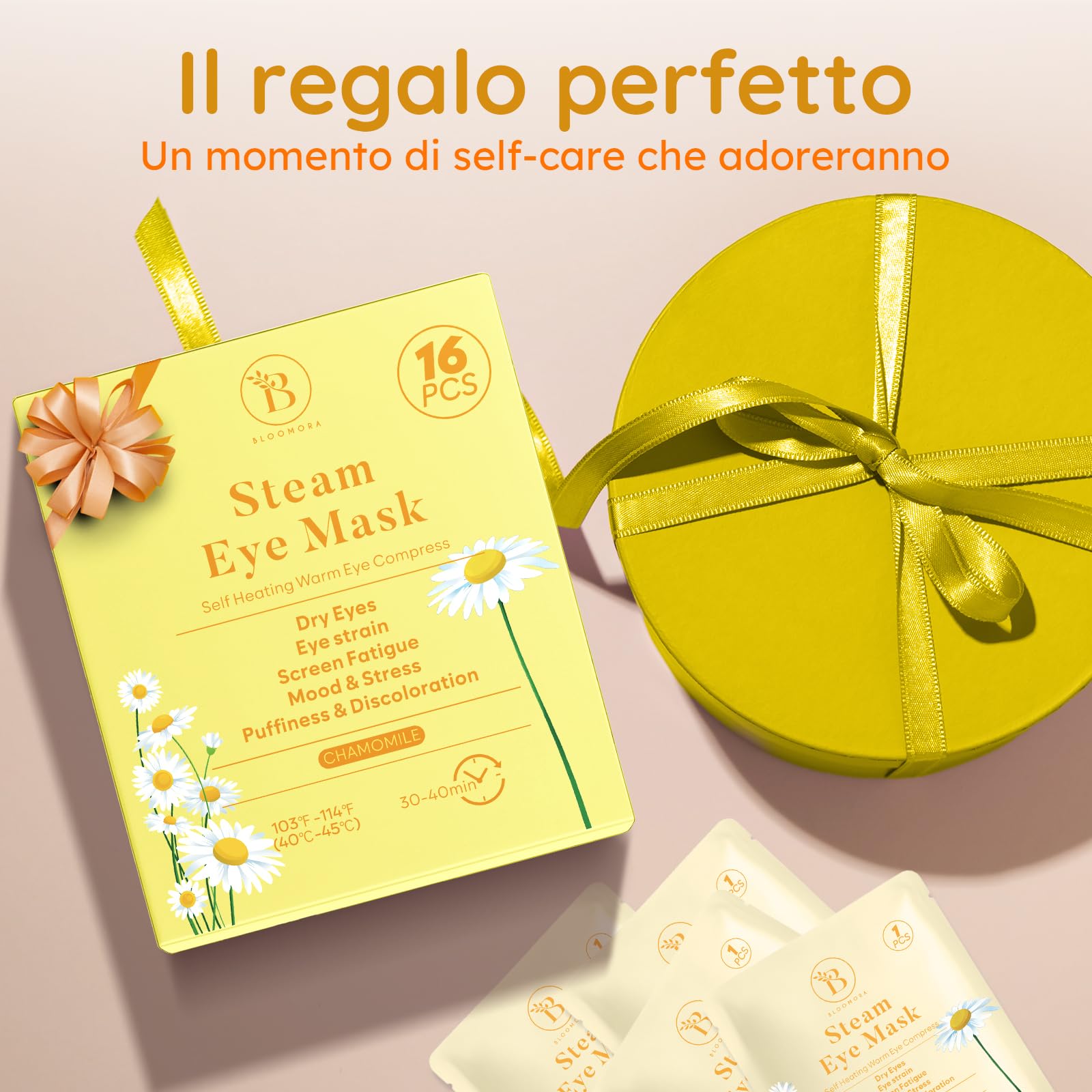 Confezione da 16 Maschere Riscaldanti alla Camomilla – Maschera a Vapore per Occhi Secchi, Gonfiore, Affaticamento e Rilassamento – Maschera Riscaldante Occhi Monouso per Sonno e Viaggio