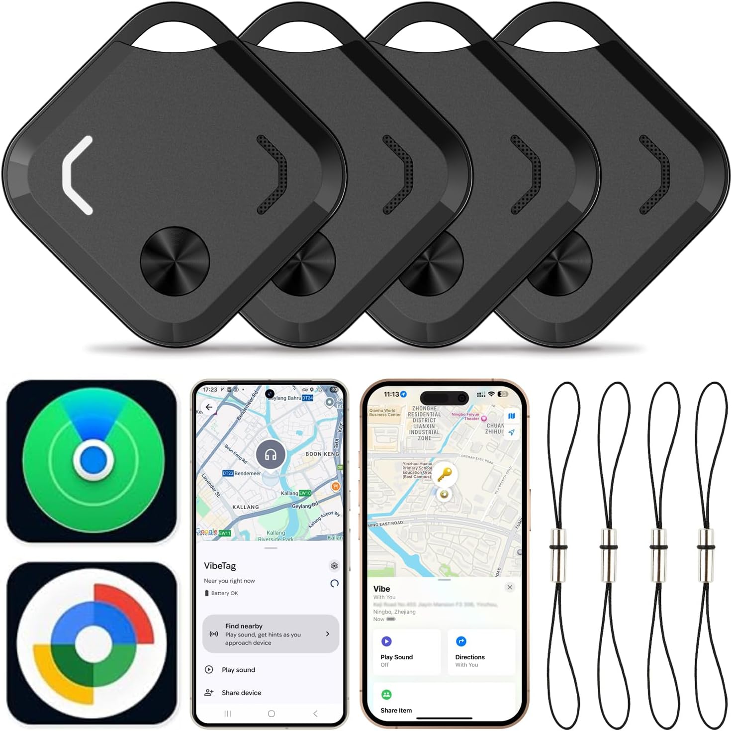 Reyke Android Air Tracker Tags-4 Pack for Both iOS & Android Phones, Dual System Bluetooth Tracker Compatible with Apple Find My (iOS) & Google Find Hub (Android) Device for Luggage, Keys, Backpack