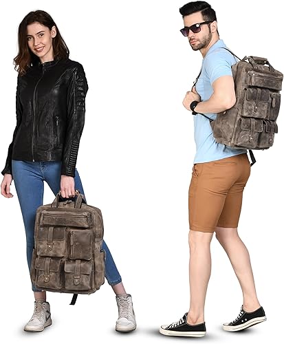 Miniatura 2 de LUXEORIA Mochila de cuero genuino para hombres y mujeres, estilo retro, mochila de cuero para hombre, bolsa de cuero para computadora portátil para