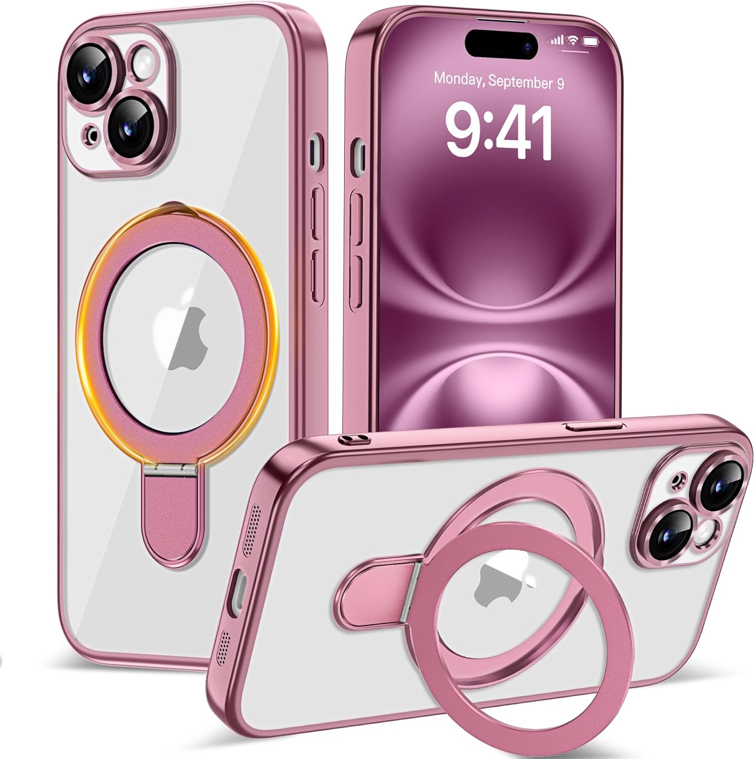 Amzfield Magnetic for iPhone 15 Plus Case with Stand [Compatible with MagSafe] [Full Camera Protection] Cute Slim Clear Phone Case for iPhone 15 Plus Case, Clear Pink