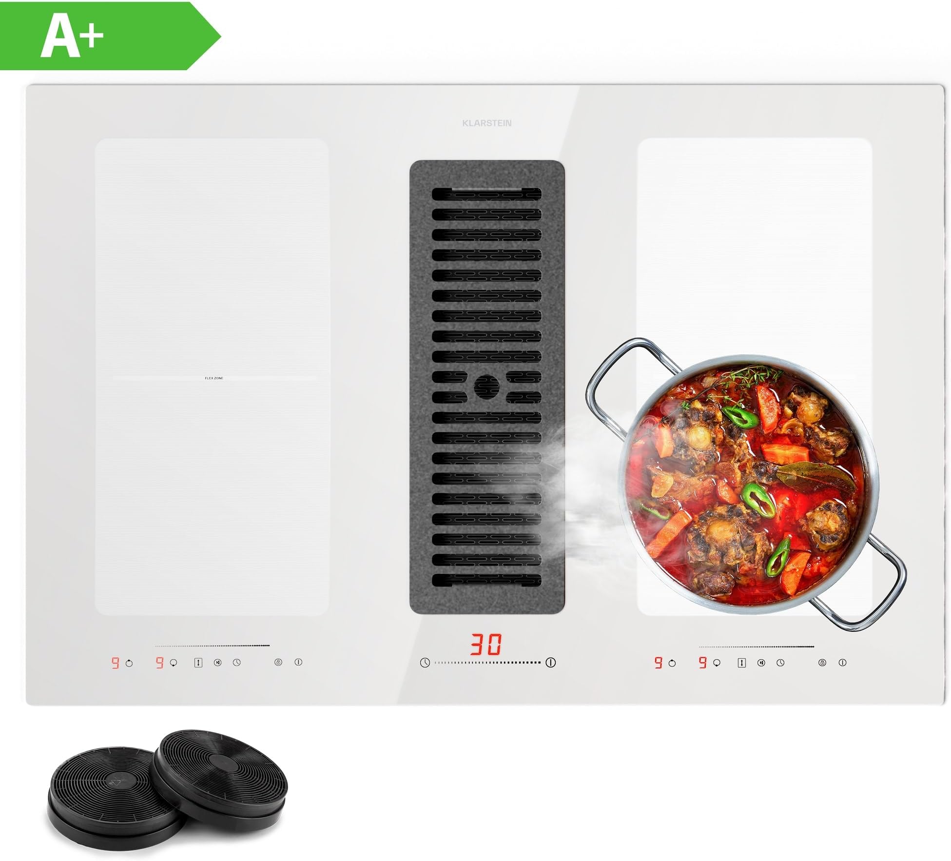 Klarstein 2 in 1 Induction Hob with Extractor Hood for Islets, 4 Ring Hob with Flex Zone, Touch Control, Cooker Hood 391m³/h, Energy Class A+