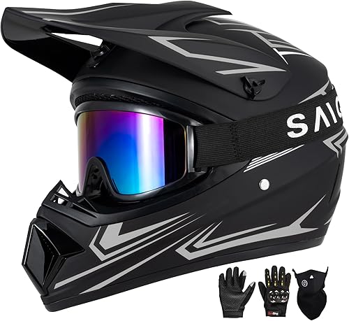 Casco para jóvenes y niños de motocross, casco para adultos de ATV y bicicleta de tierra con gafas, guantes y máscara, casco de motocicleta de cara