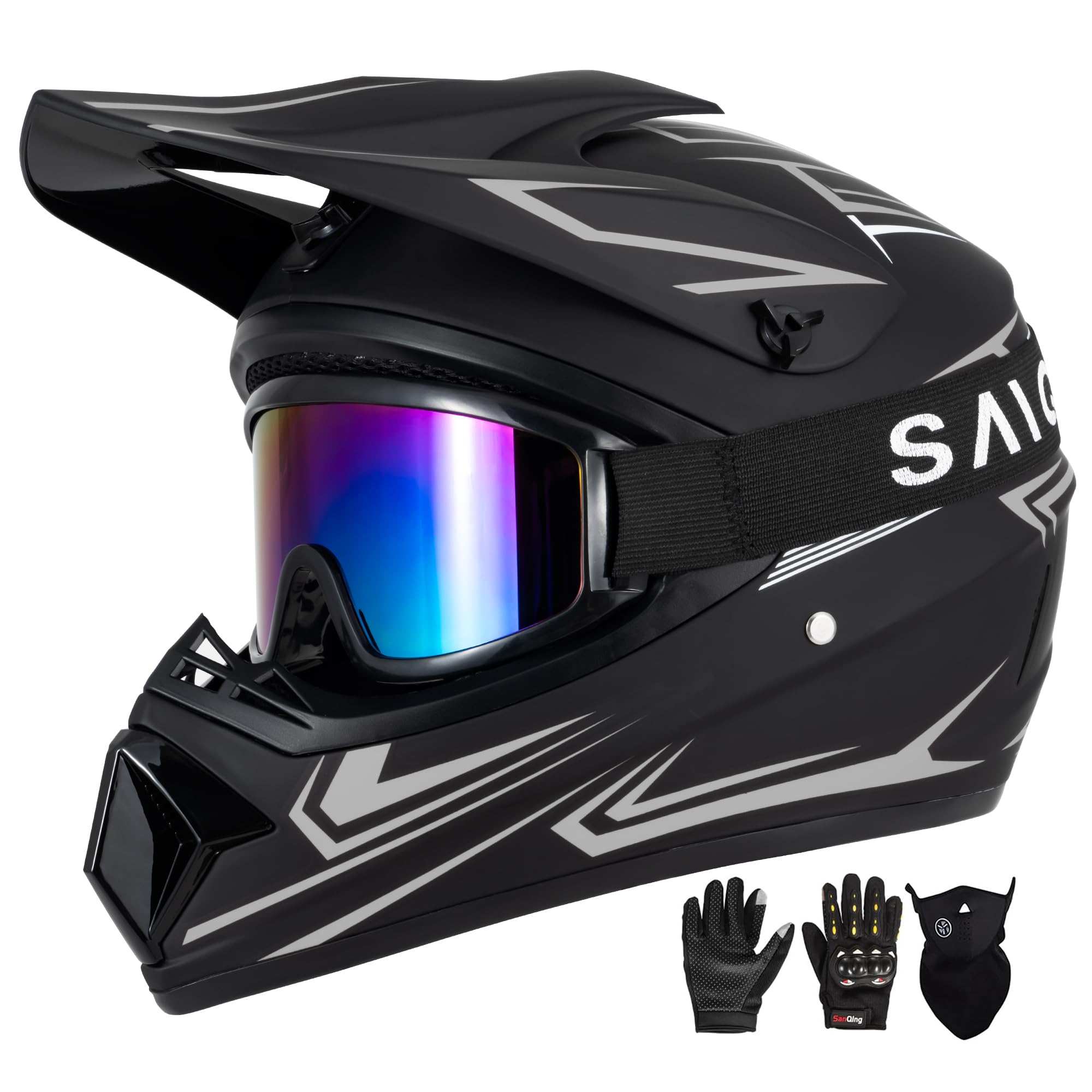 Youth Kids Motocross Helmet, Adult ATV Dirt Bike Helmet with Goggles Gloves & Mask Quick, Full Face Motorcycle Helmet with Quick Release Buckle DOT Certified