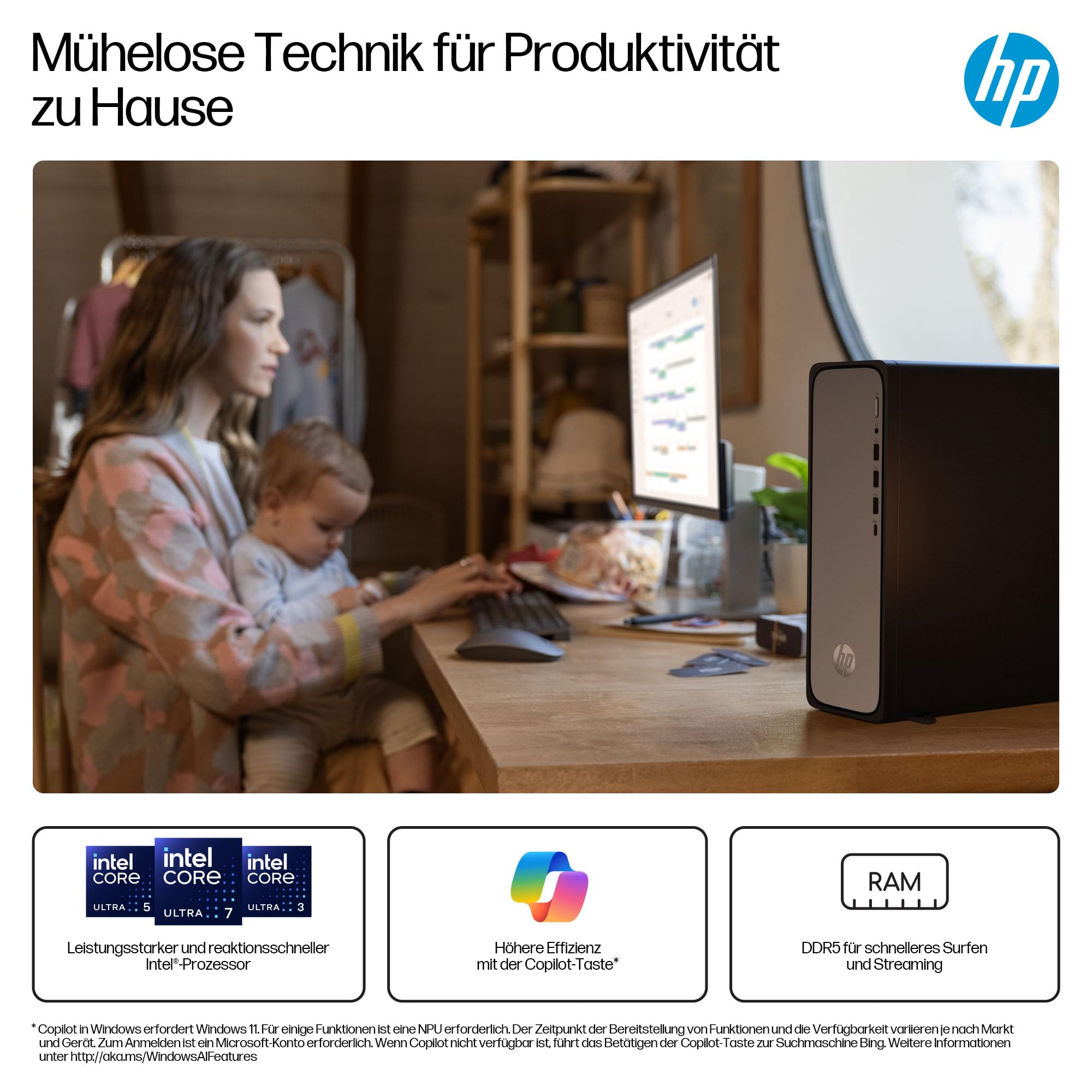 HP OmniDesk Slim Desktop S03-0230ng, Intel 300 Prozessor, 8 GB DDR5 RAM, 512 GB PCIe Gen4 SSD, Intel UHD Graphics 710, Windows 11 Home, Wi-Fi 6, USB Type-C, Meteor Silver/Jack Black