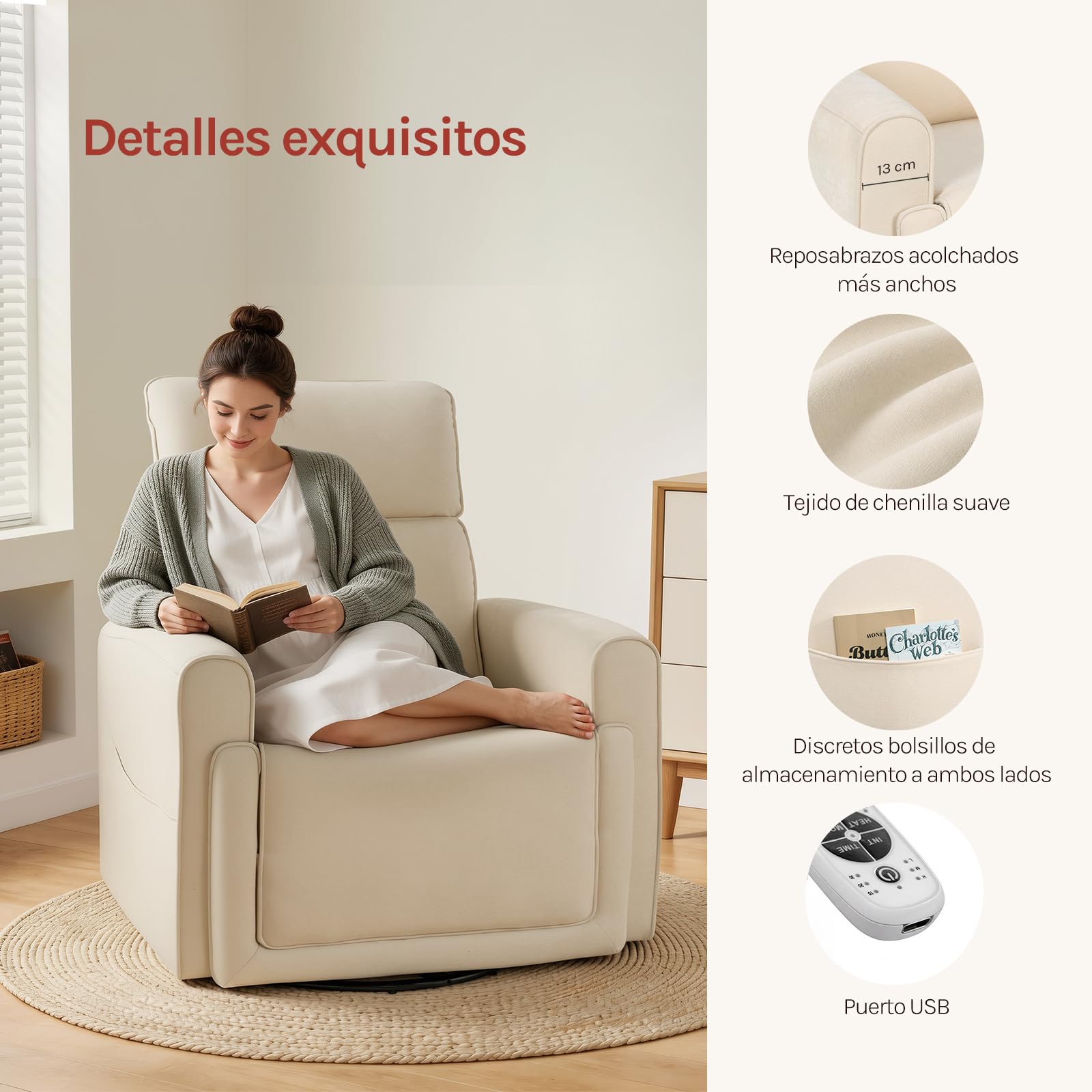WOLTU Sillón Relax Reclinable, Sillón de Masaje con Calefacción de Masaje, Reposapiés, Bolsillos, Portavasos, Puerto USB, Tapizado en Tela Chenilla, Capacidad de Carga 150 kg, Beige