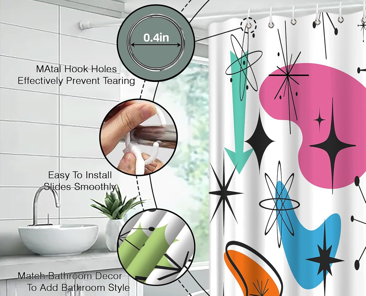 Mid Century Modern Shower Curtain Retro Atomic Abstract Geometric Boomerangs Sputnik Iconic 1950s 1960s Vintage Art Fabric Bathroom Decor Curtains with Hooks,Yellow Blue Green