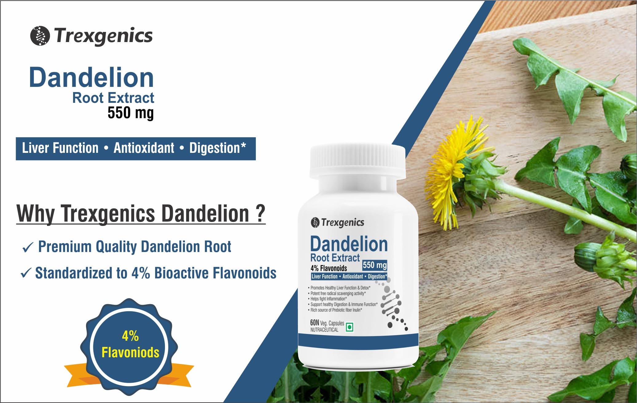 Trexgenics DANDELION (Bioactive 4% Flavonoids) 550mg EXTRACT Liver Function, Dextox, Antioxidant, Digestion (60 Veg Capsules) 2