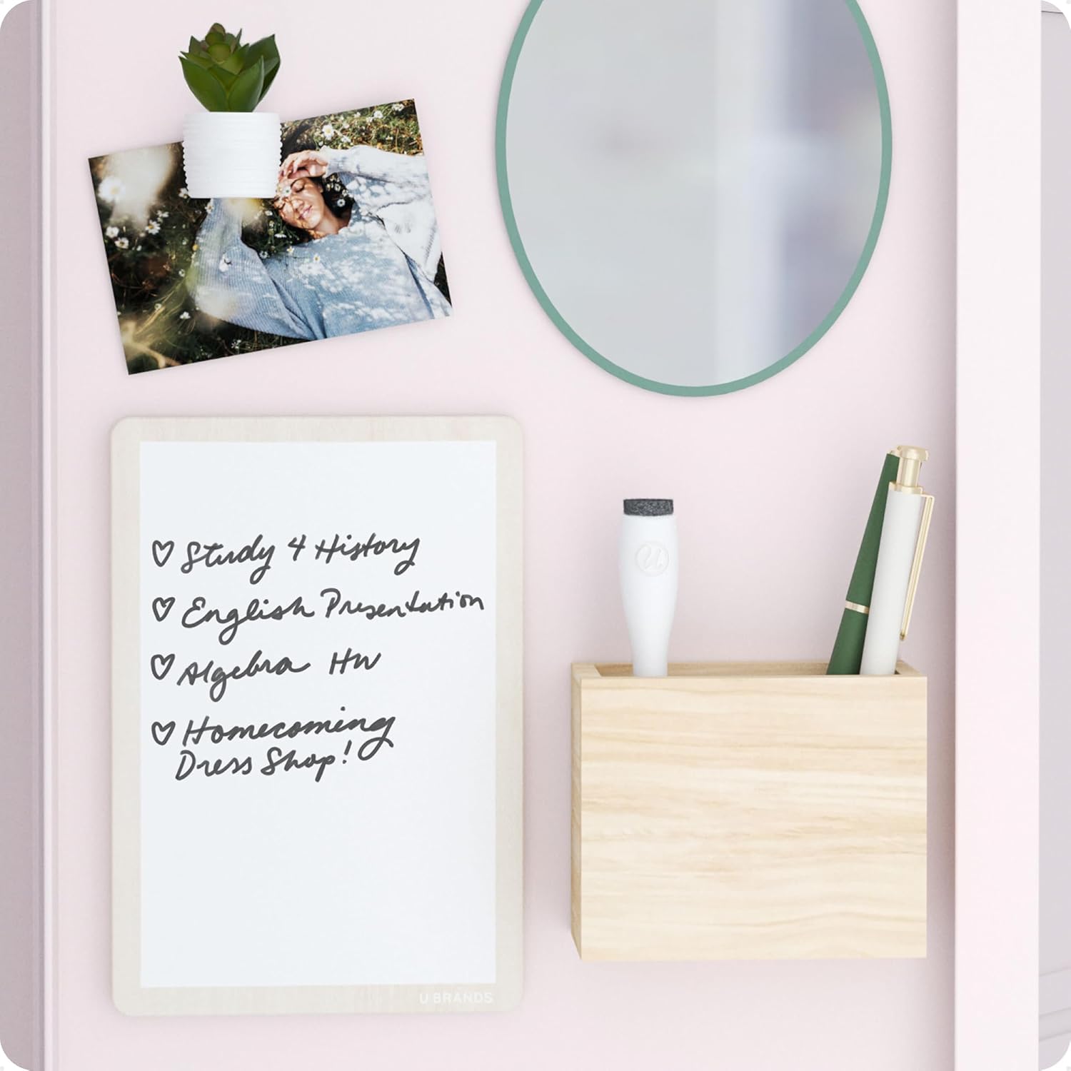 U Brands Magnetic Locker Garden Accessory and Decorating Kit, Back to School Essentials, Boho/Sage, 5 Piece, Mirror, Cup, and More