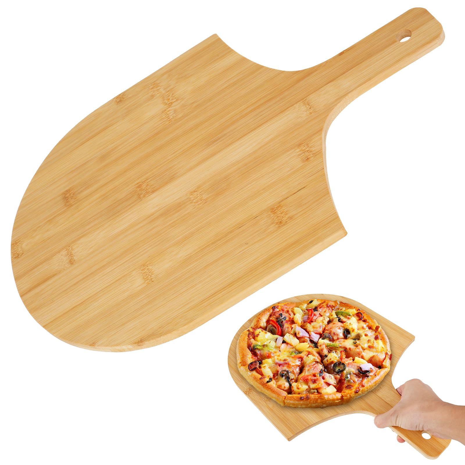 2 Pcs 12 Inch Natural Bamboo Pizza Peel, Bamboo Wood Pizza Peel for Bread Cheese Vegetable Fruits, Multipurpose Long Handle Pizza Paddle, Easy to Clean Smooth Surface Pizza Board for Kitchen