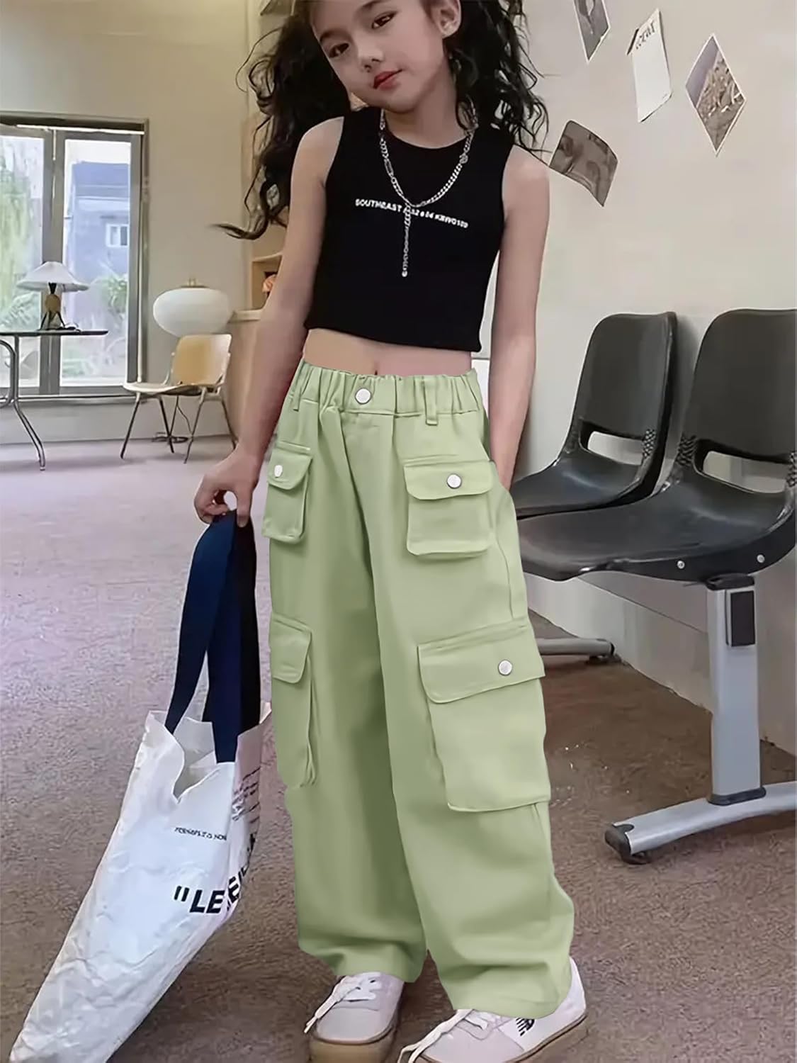 Girl's Elastic High Waist Cargo Pants Wide Leg Trousers with Flap Pocket, 3-14 Years - Image 3