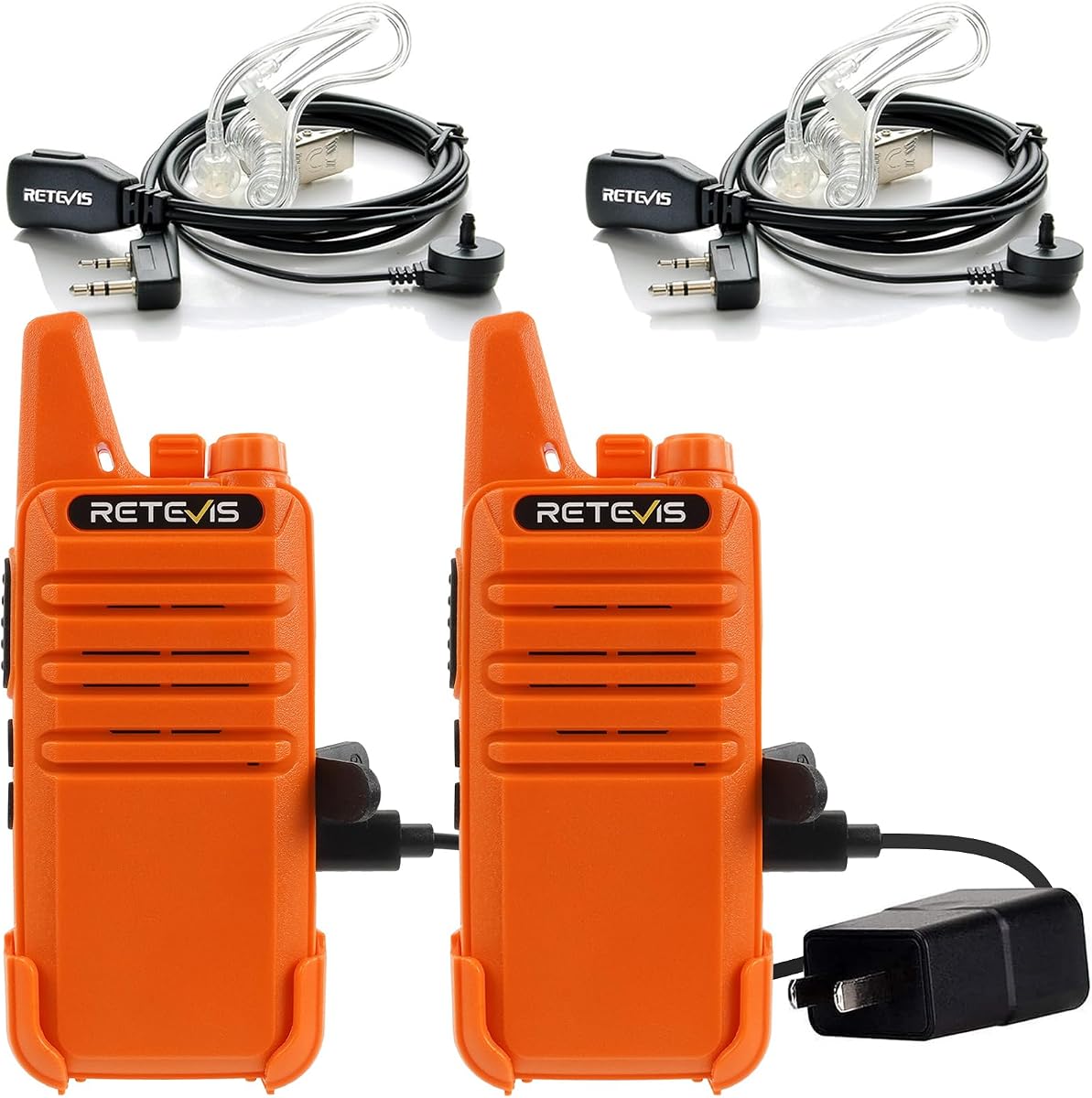 Walkie Talkies RT22, radio bidireccional portátil FRS con auricular | VOX Manos libres, carga tipo C, mini walkie talkies recargable de largo alcance para acampar en familia al aire libre (paquete de 2, naranja)