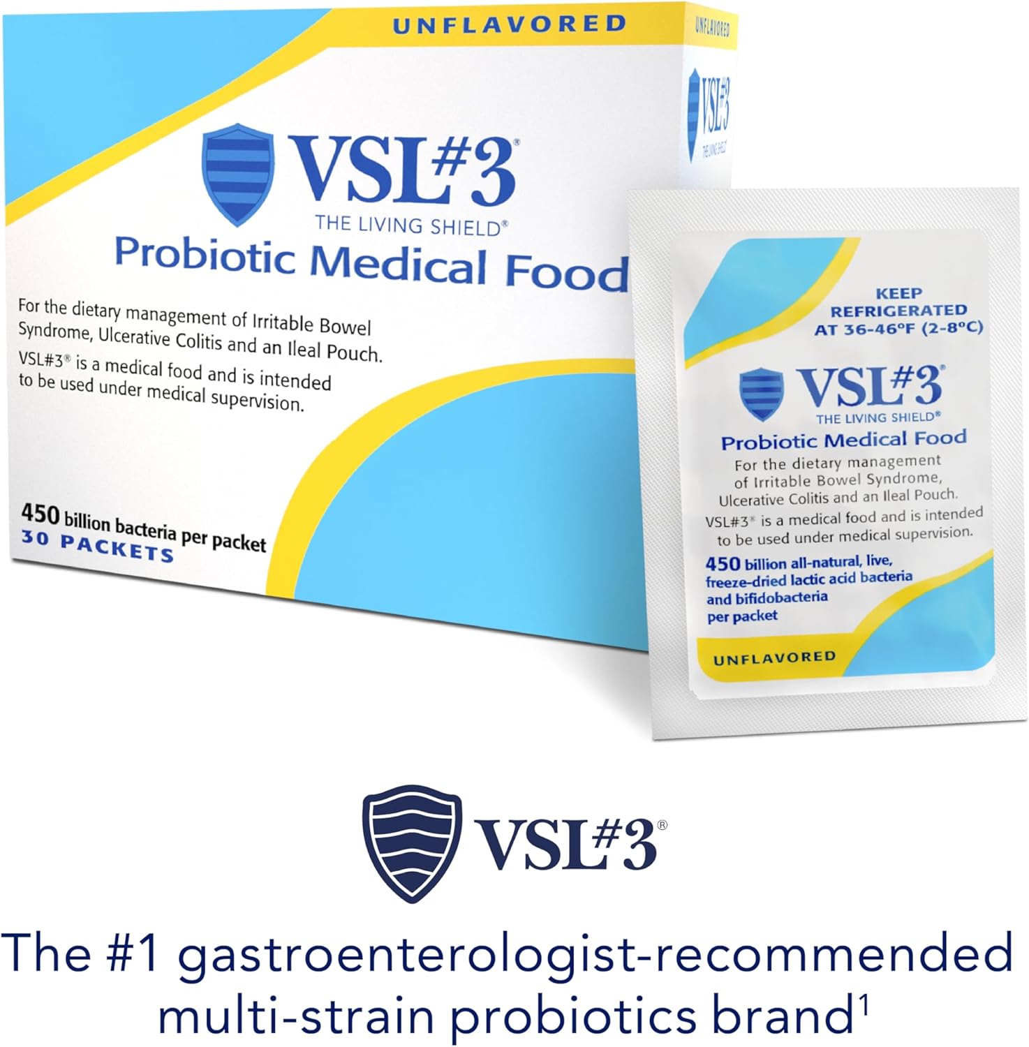 VSL#3® Probiotic Powder for Digestive Health, IBS & UC Symptoms - 450B CFUs, High-Potency, Multi-Strain, Live, Refrigerated Probiotic, Medical Food for Gut Health Support in Men & Women, 30 Pack