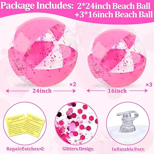 Miniatura 5 de TURNMEON 5 bolas de playa con purpurina, lentejuelas de 24 pulgadas y 16 pulgadas, bolas de playa inflables rosas para niños y adultos, pelotas de