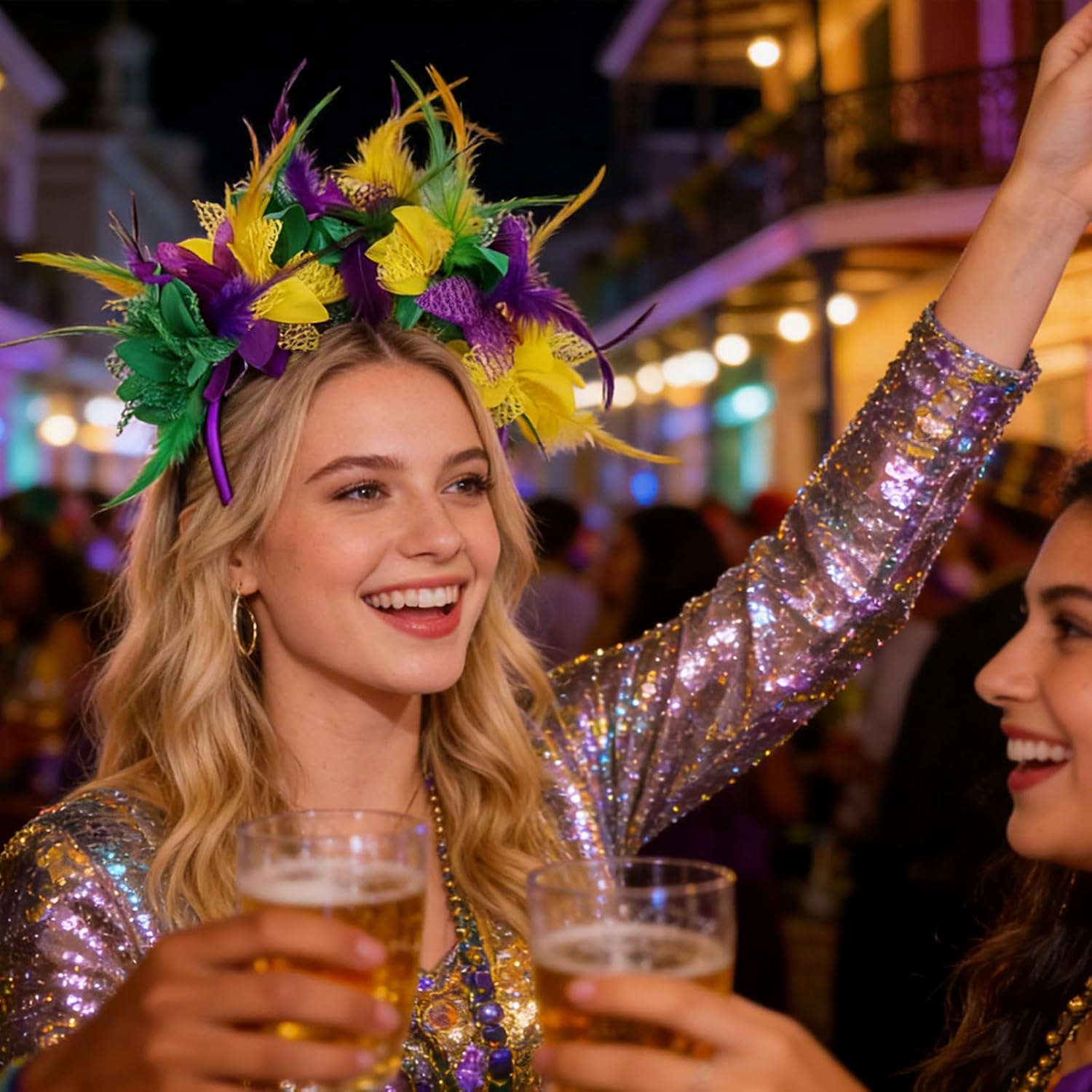 Mardi Grass Feather Headbands for Women Fascinator Hats Mesh Flower Headpiece with Green Yellow Floral & Plumes, Fleur De Lis Hairband for 1920s Bridal Wedding Tea Party Carnival Mask Matching Hair - Image 5