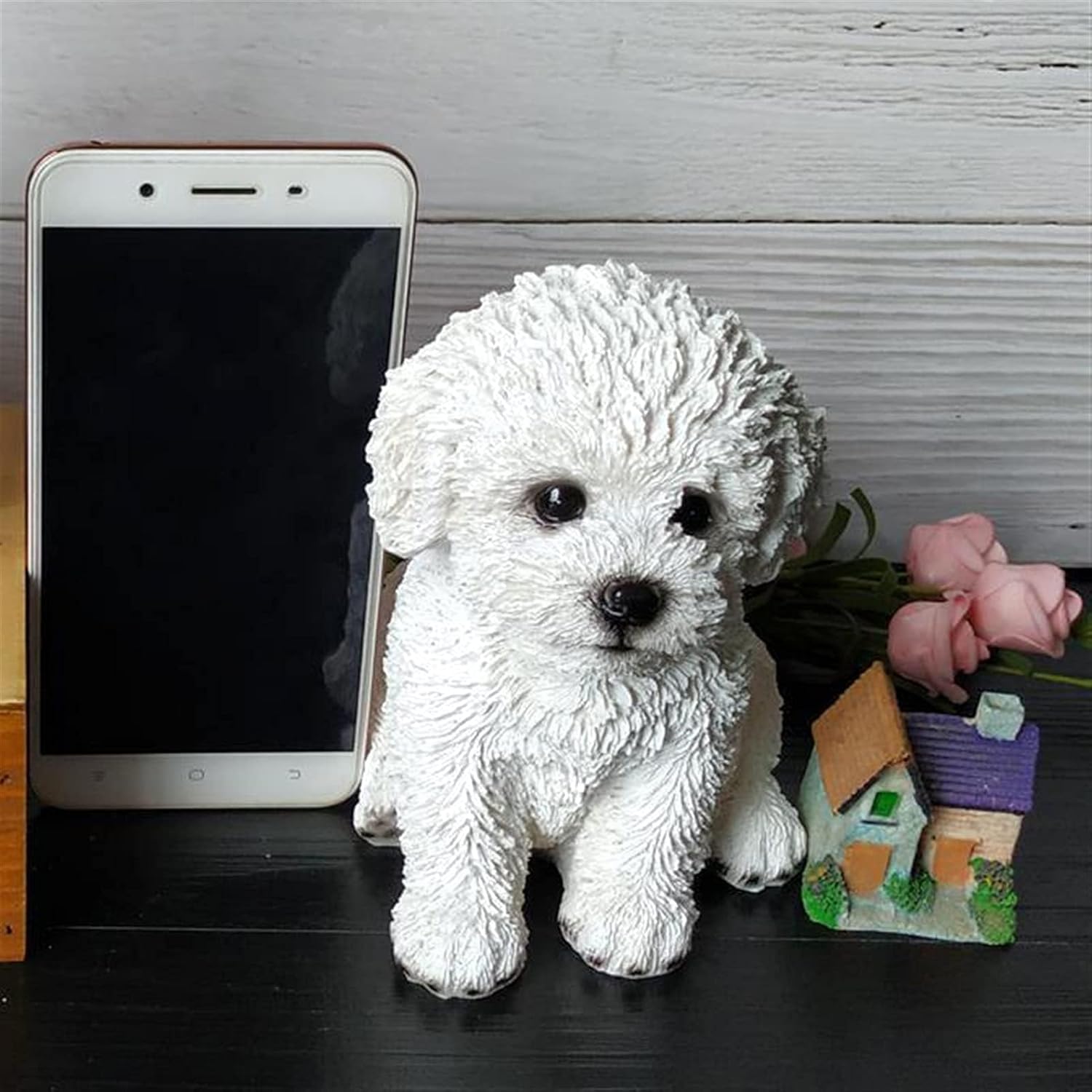 Sitting Bichon Frise Garden Puppy Statue,Lifelike White Dog Outdoor Figurines,Resin Animal Sculpture Lawn Home Decor - Image 4