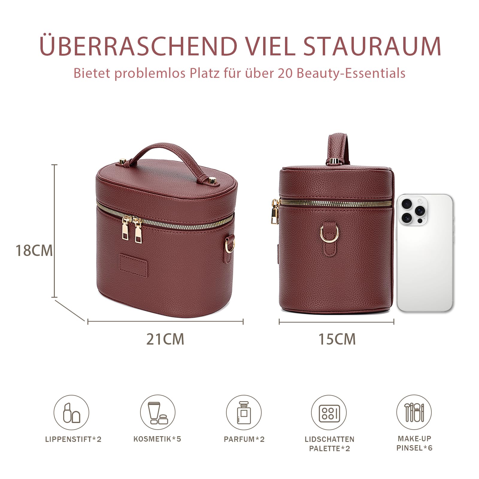 Kosmetiktasche Damen, Make Up Tasche für Frauen – Leder Vanity Case mit herausnehmbarer Trennwand, Waschbare Fächer