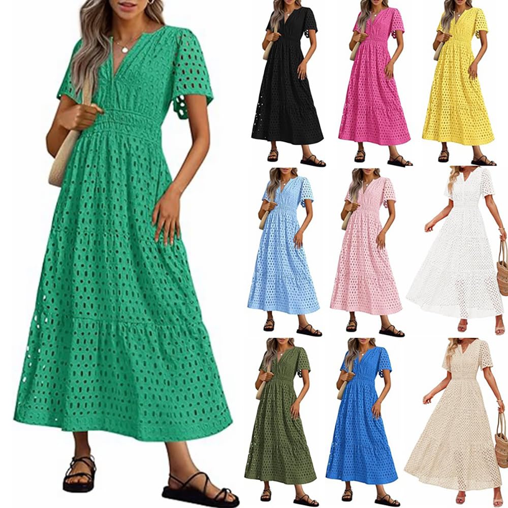 Vestido Largo de Verano de Manga Corta para Mujer, Informal, con Escote en V, Aberturas, Ojales, Cintura Alta, Volantes, Corte A, Fluido