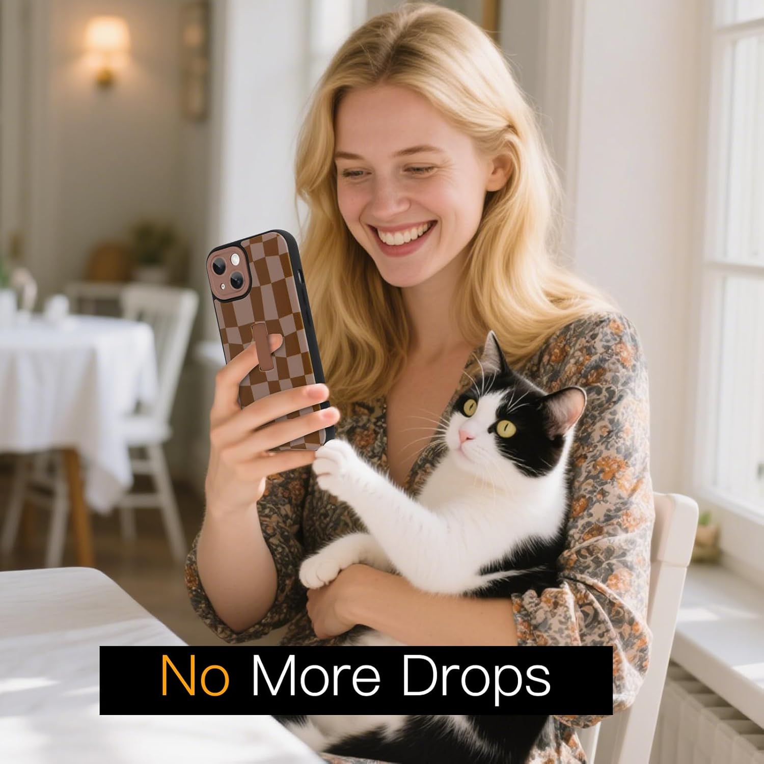 SOKAD for iPhone 13 Case with Finger Strap Kickstand, Cute Checkered Checkerboard Phone Case with Finger Hand for Women Men, Slim Full Camera Protection Shockproof Case Cover, Brown - Image 6