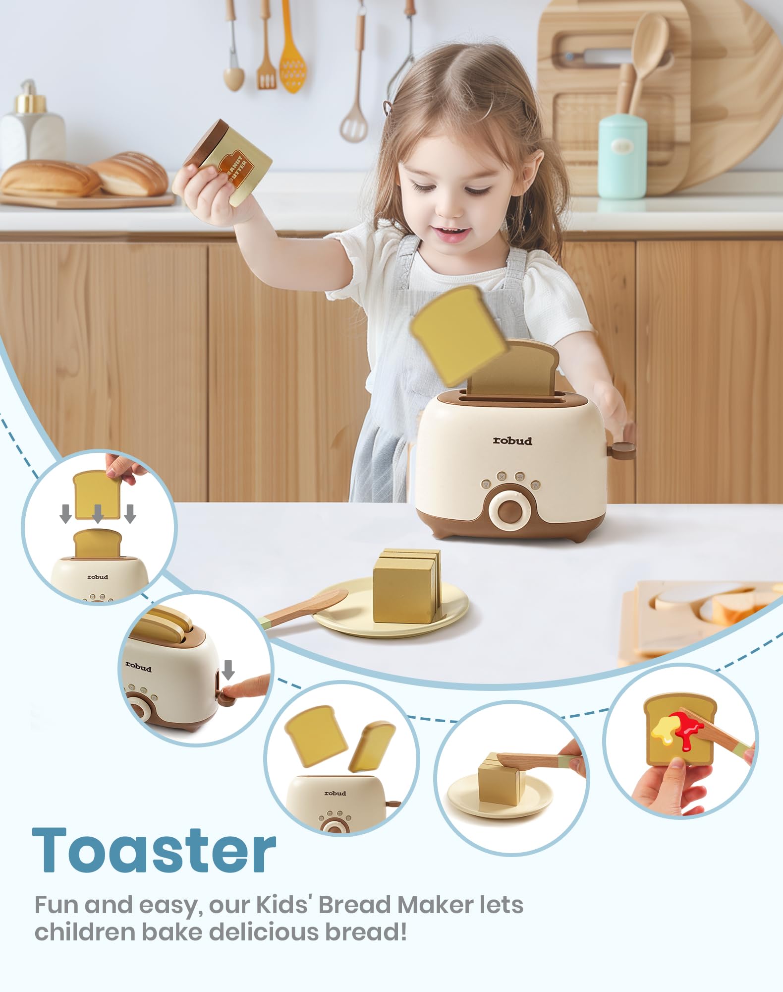 ROBUD Set di accessori da cucina per bambini, utensili da cucina, accessori per la cucina dei bambini, in legno per bambini, tostapane, frullatore, frullatore ad immersione, cuociuova – suoni
