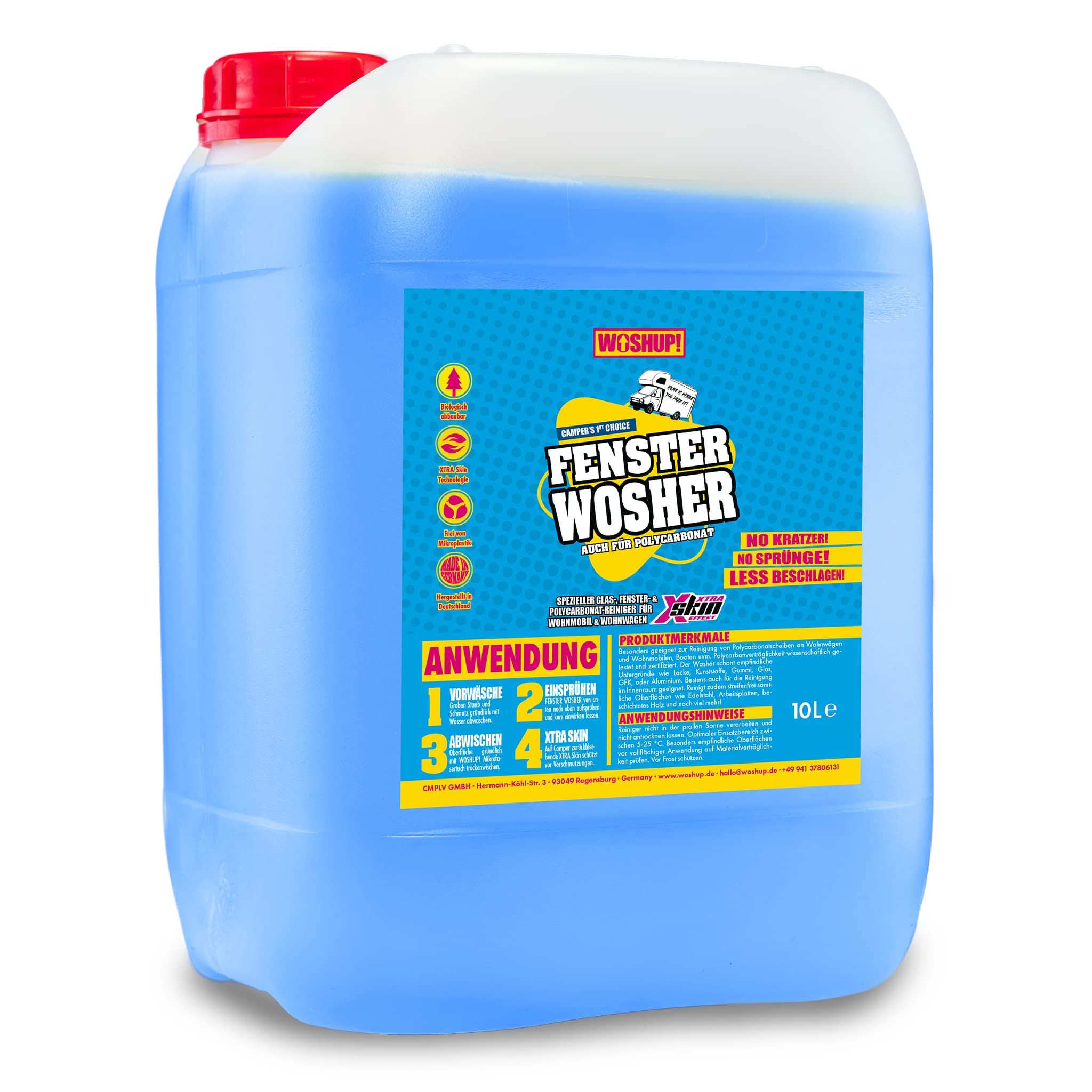 Fensterreiniger Xtra Skin Schutzfilm 10000 ml Glasreiniger für Plexiglas Acrylglas Scheibenreiniger für Wohnwagen, Wohnmobil, Auto, Caravan Streifenfreie Reinigung innen und außen