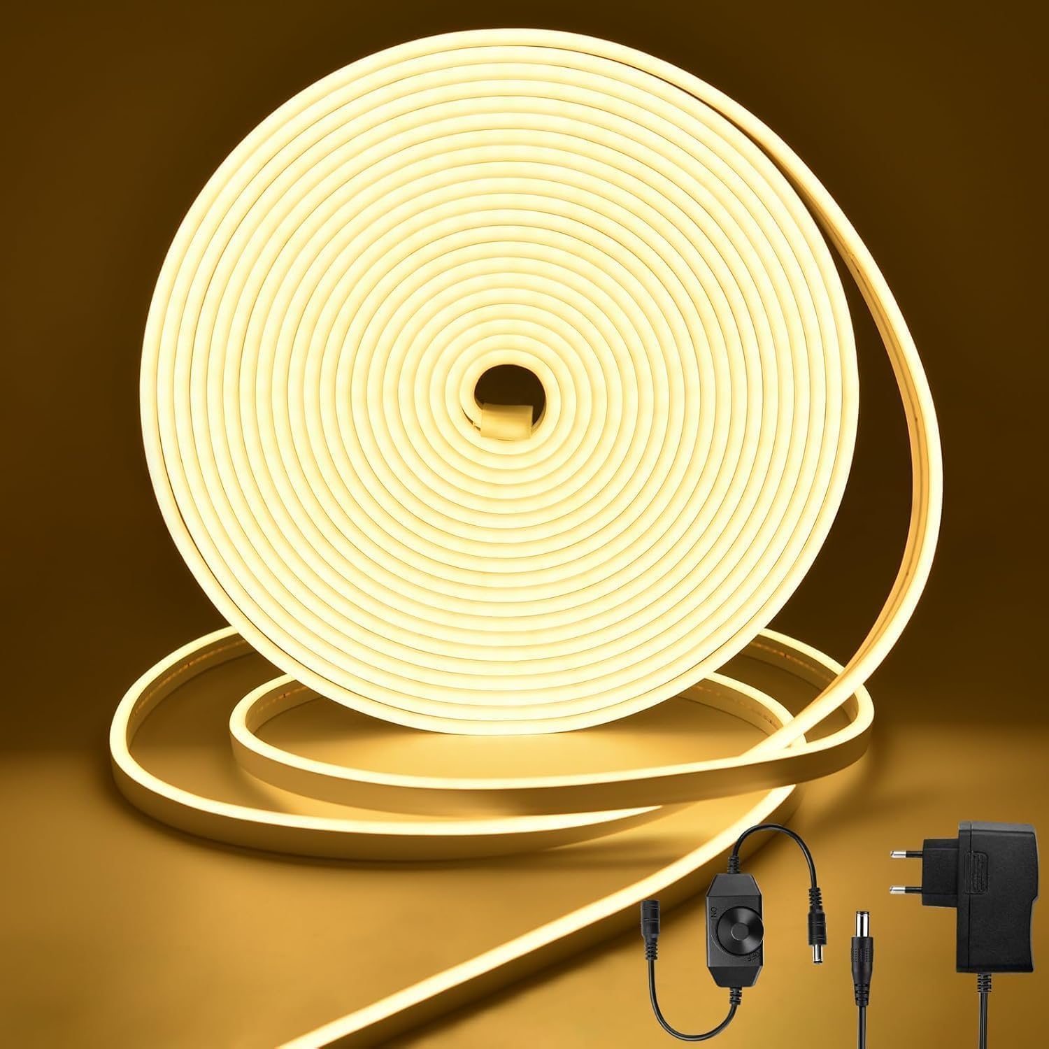 Neon Strip Lights 10M, 2700K Dimmable Flexible LED Strip Lights with Power Adapder, 24V Silicone Flexible Neon Rope Lights Waterproof for Home Kitchen Indoor Outdoor Decor (Warm White)
