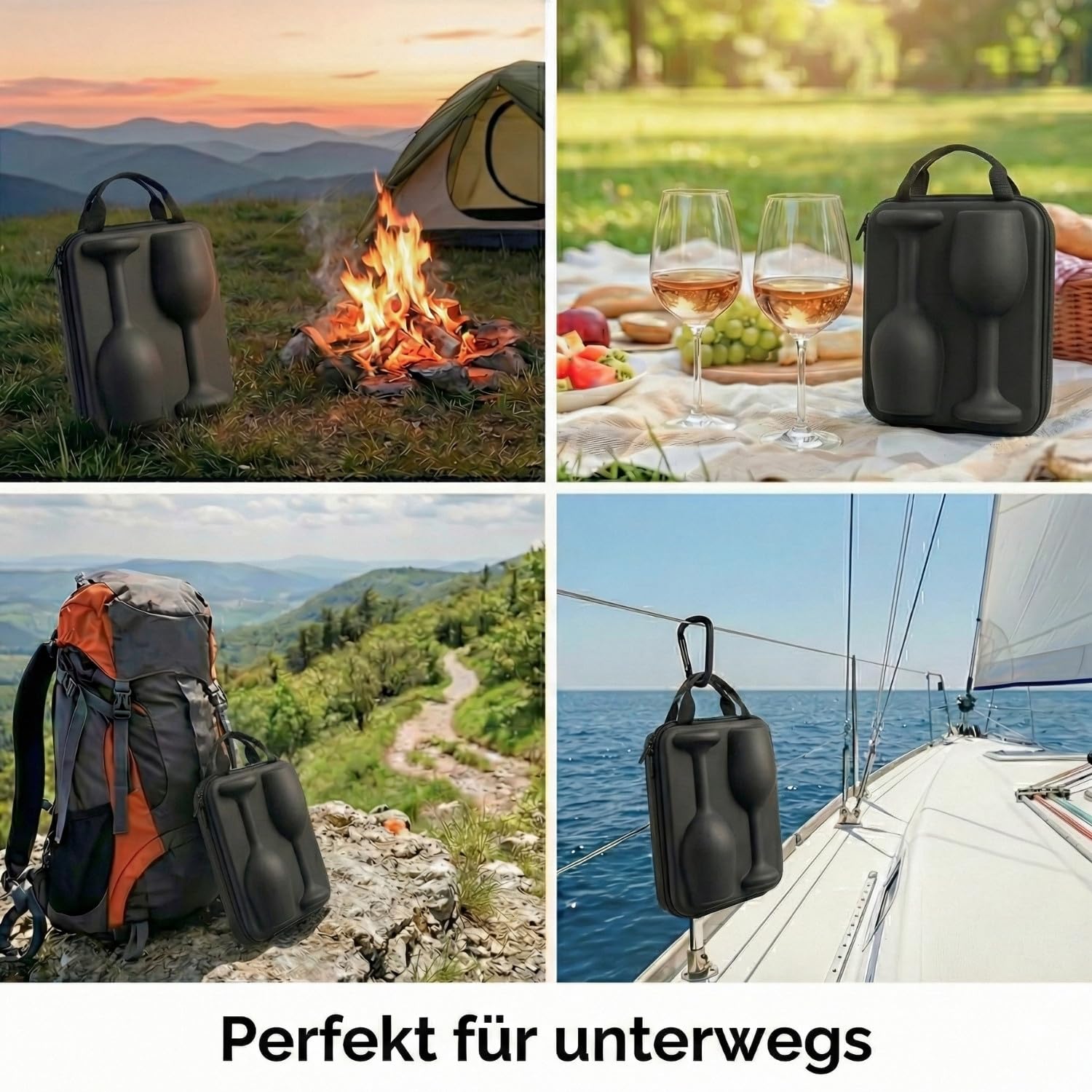 Breezio 2 Weingläser to go mit Schutzcase – Weinglas to go aus gehärtetem Glas | 2 Camping Weingläser mit passgenauem Case | Bruchsichere Weingläser dank passgenauem EVA hartschalen Case