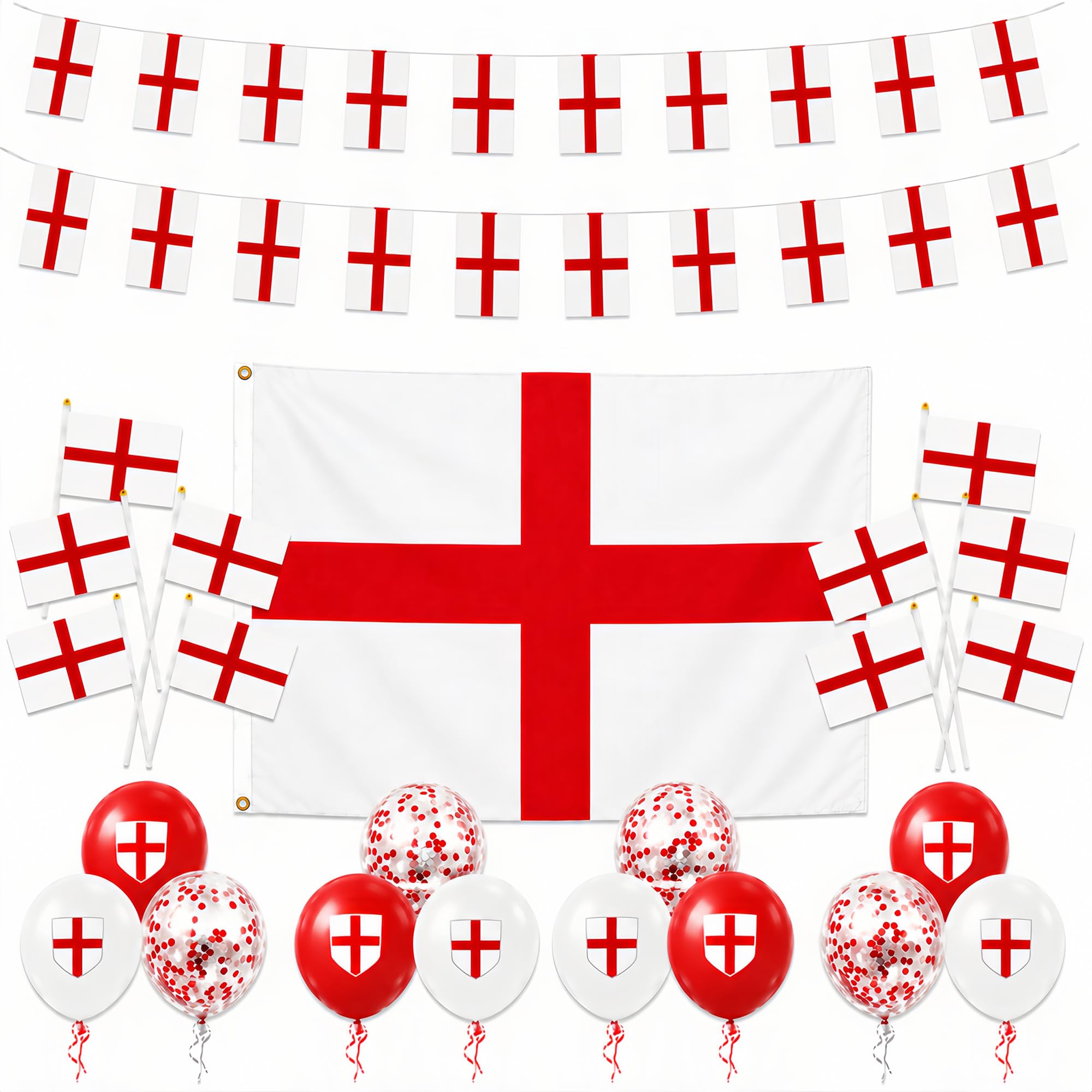 World Cup Decorations 2026 England St Georges Large Flag 90x150cm England Flag Bunting Balloons Handheld Flags World Cup Football Party Decorations for Bar Garden Home Decor Indoor Outdoor