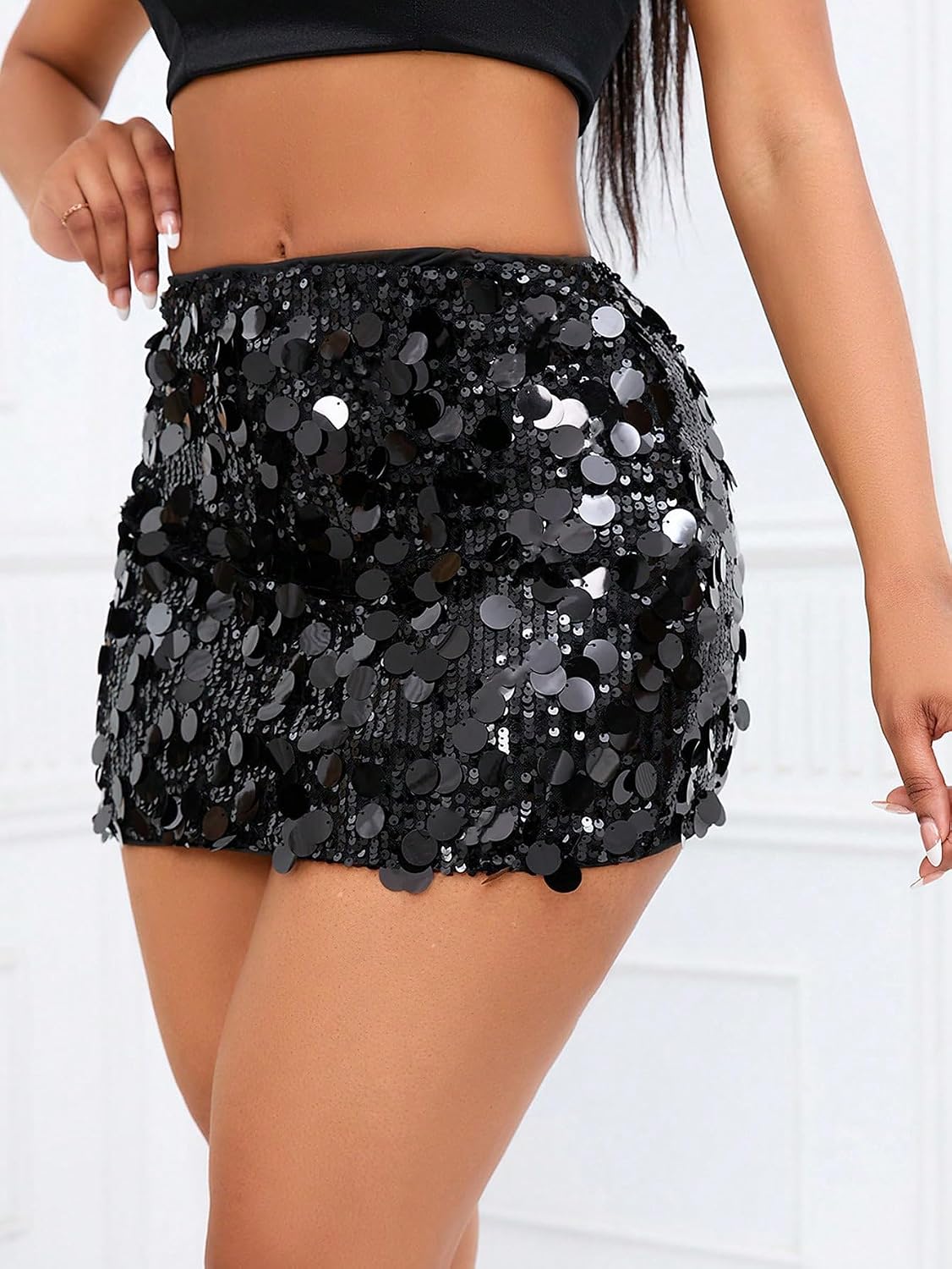 SHENHE Women's Sparkly Sequin High Waist Party Club Stretchy Mini Bodycon Rave Glitter Skirt