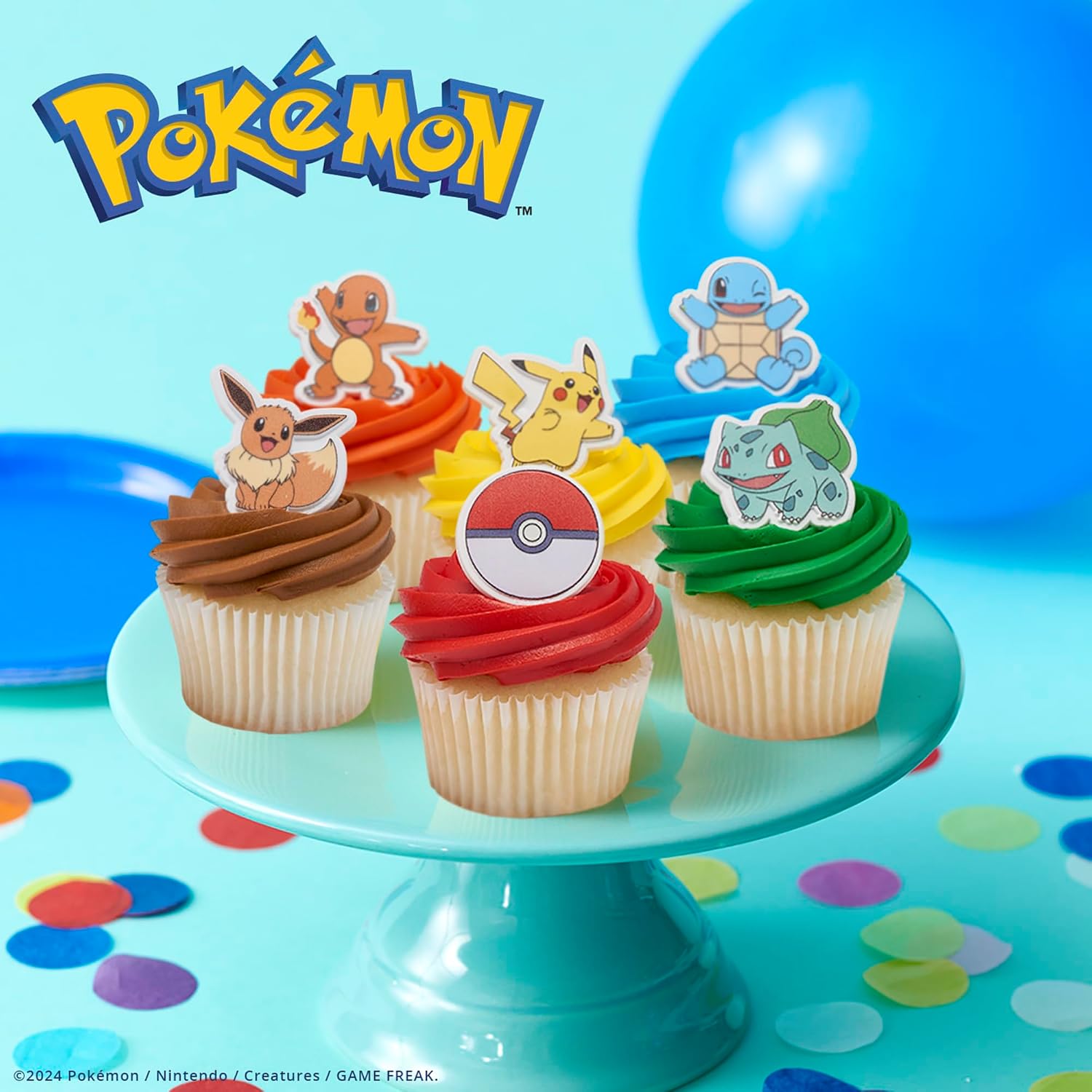 DecoPac Pokémon Rings, Cupcake Decorations With Pikachu, Bulbasaur, Eevee, Charmander, Squirtle, and Poké Ball, Multicolored Food Safe Cake Toppers – 24 Pack