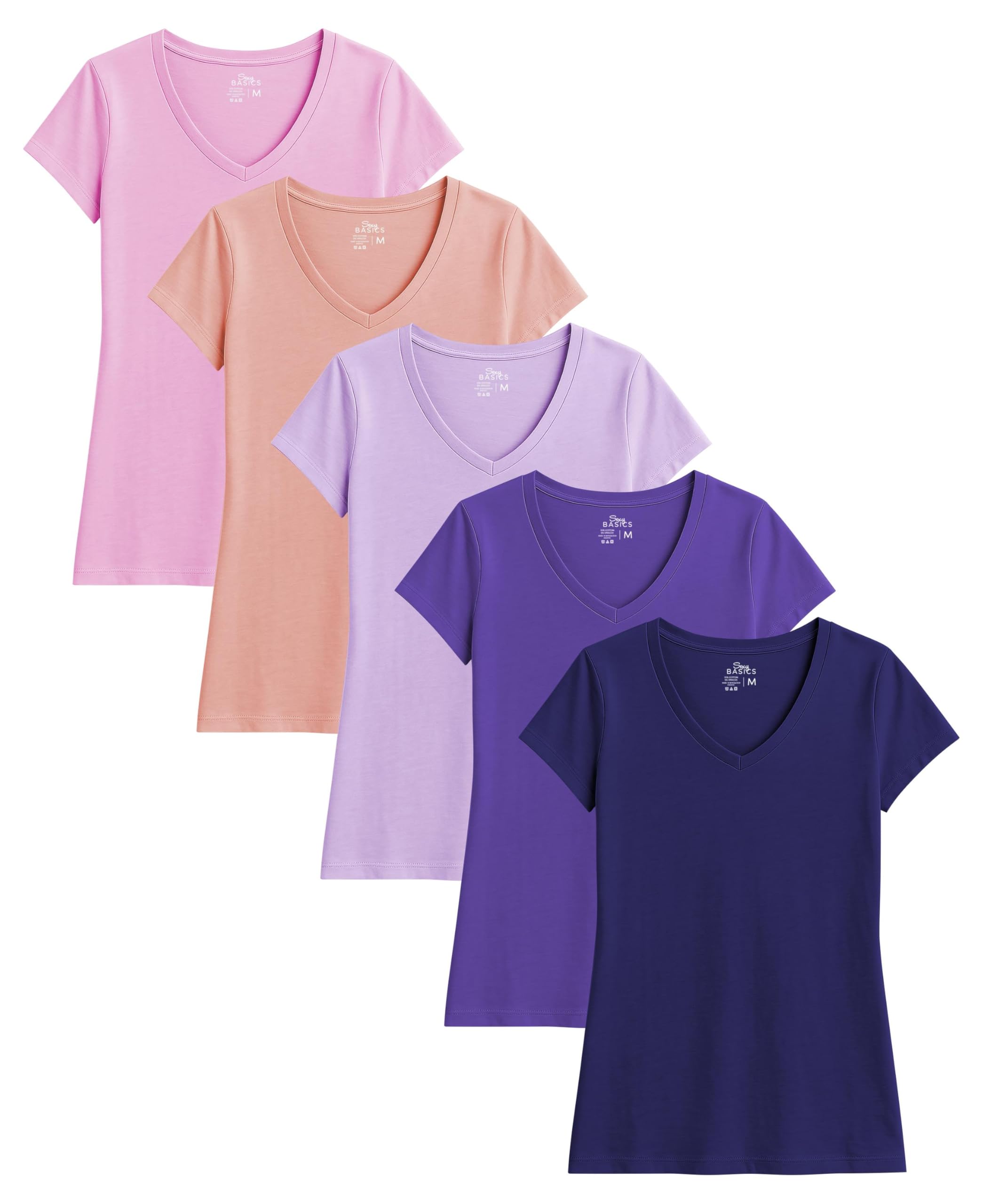 Womens' Cotton Stretch V Neck Color T Shirts | Casual & Active Basic Short Sleeve Tops | Multi Packs