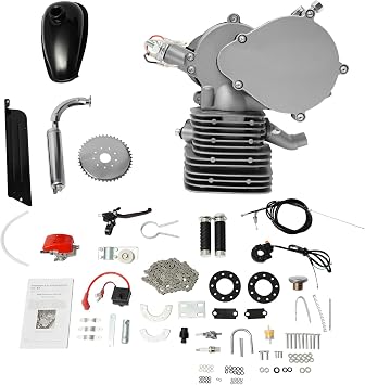 110cc Bicycle Engine Kit, 2 Stroke Motorized Bike Kit Fit Most 26"/28" Bikes, Petrol Gas Powered Motor with CDI, Super Fuel-Efficient Full Set Bike Motor Kits, Silver