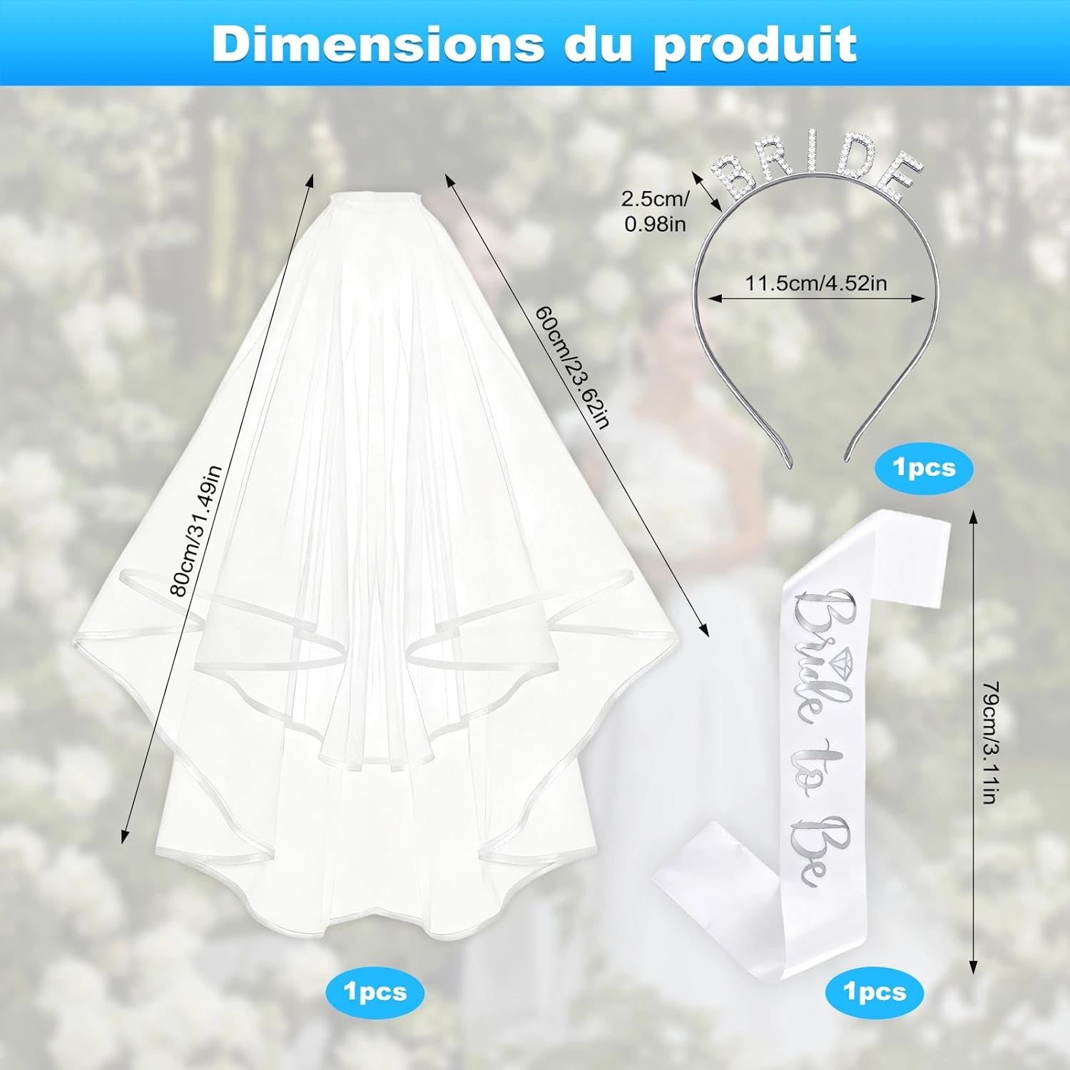 Set of 3 Wedding Decoration for Bride to Be – Bridal Veil with Tiara and Scarf | Suitable for Girlfriends Party, Engagement