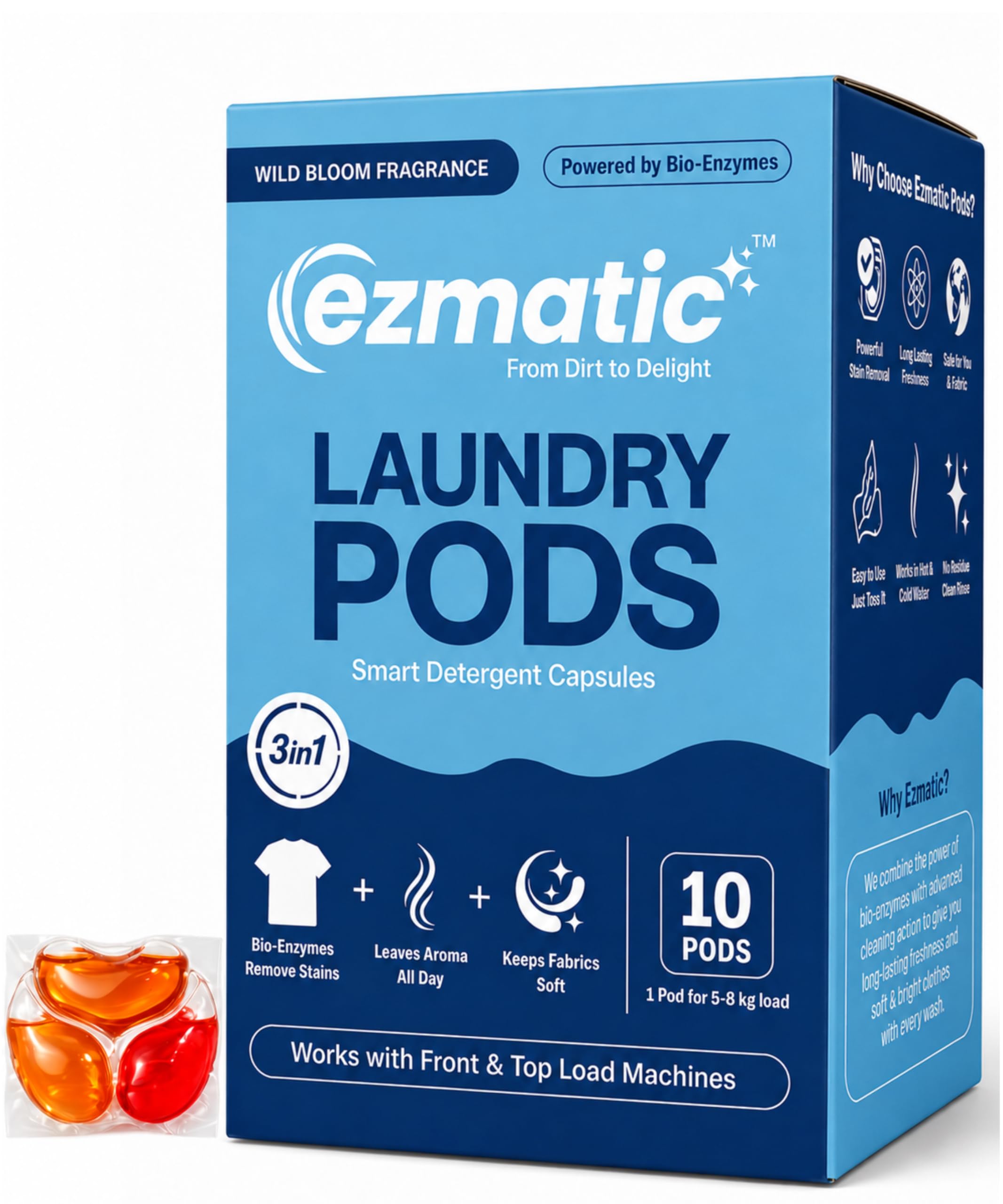 3 in 1 Laundry Pods | Smart Detergent Capsules with Bio-Enzymes | Stain Removal, Fabric Softener, Wild Bloom Aroma | Eco-Friendly | Front & Top Load | 1 Pod for 5–8 kg | 10 Washes-image-1