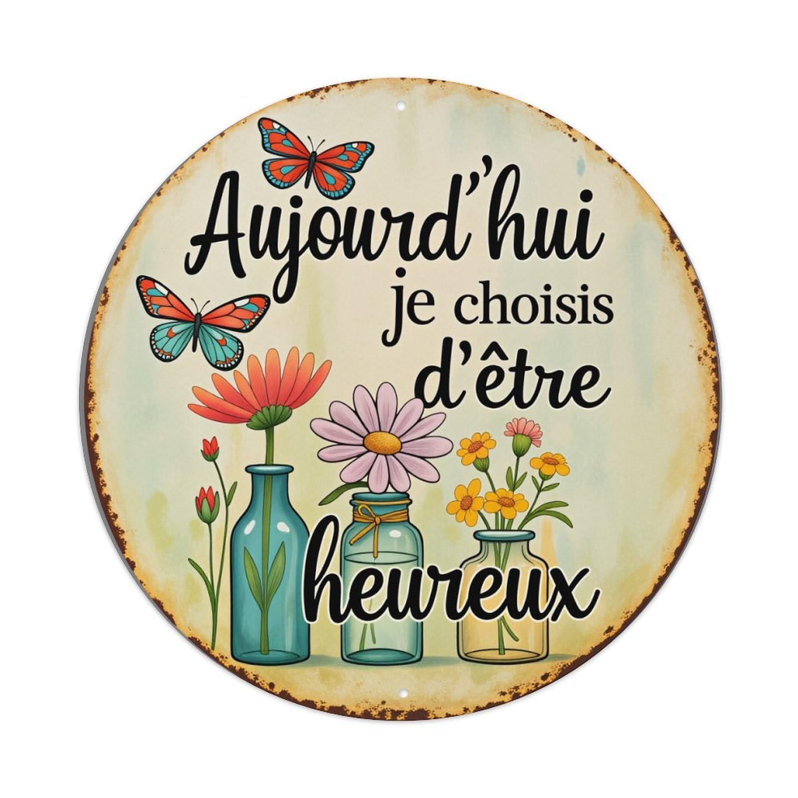 Flowers Butterflies Vases Text Art Round Tin Sign Vintage Style Metal Sign Home Bar Garden Wall Plaque Decor Metal Poster 8x8 Inch